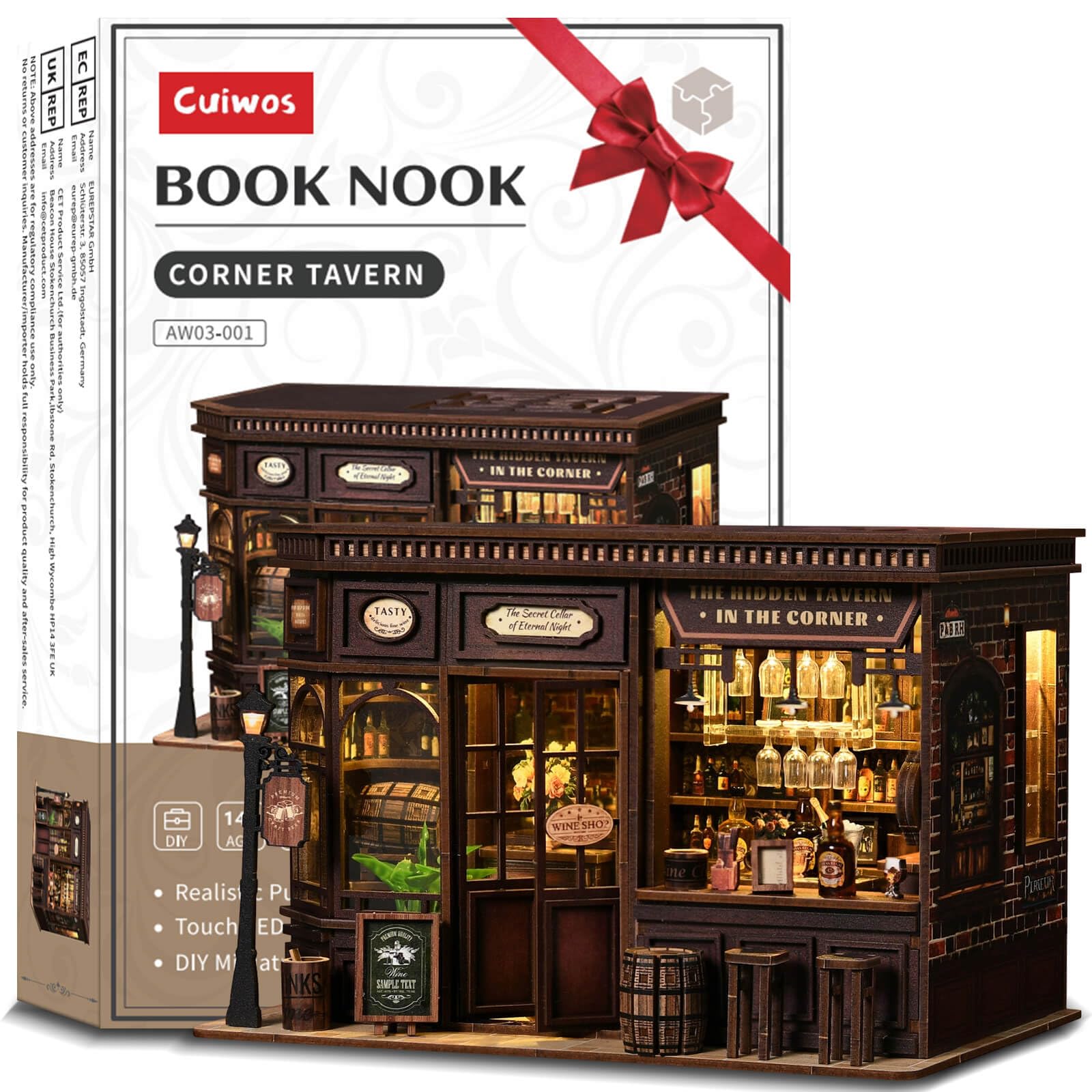 Book Nook Kit - Corner Tavern DIY Miniature Wooden Puzzle | Vintage Pub-Themed 3D Dollhouse with LED Lights | Realistic Bar Decor for Home & Bookshelves | Unique Handmade Craft Gift for Adults & Hobby