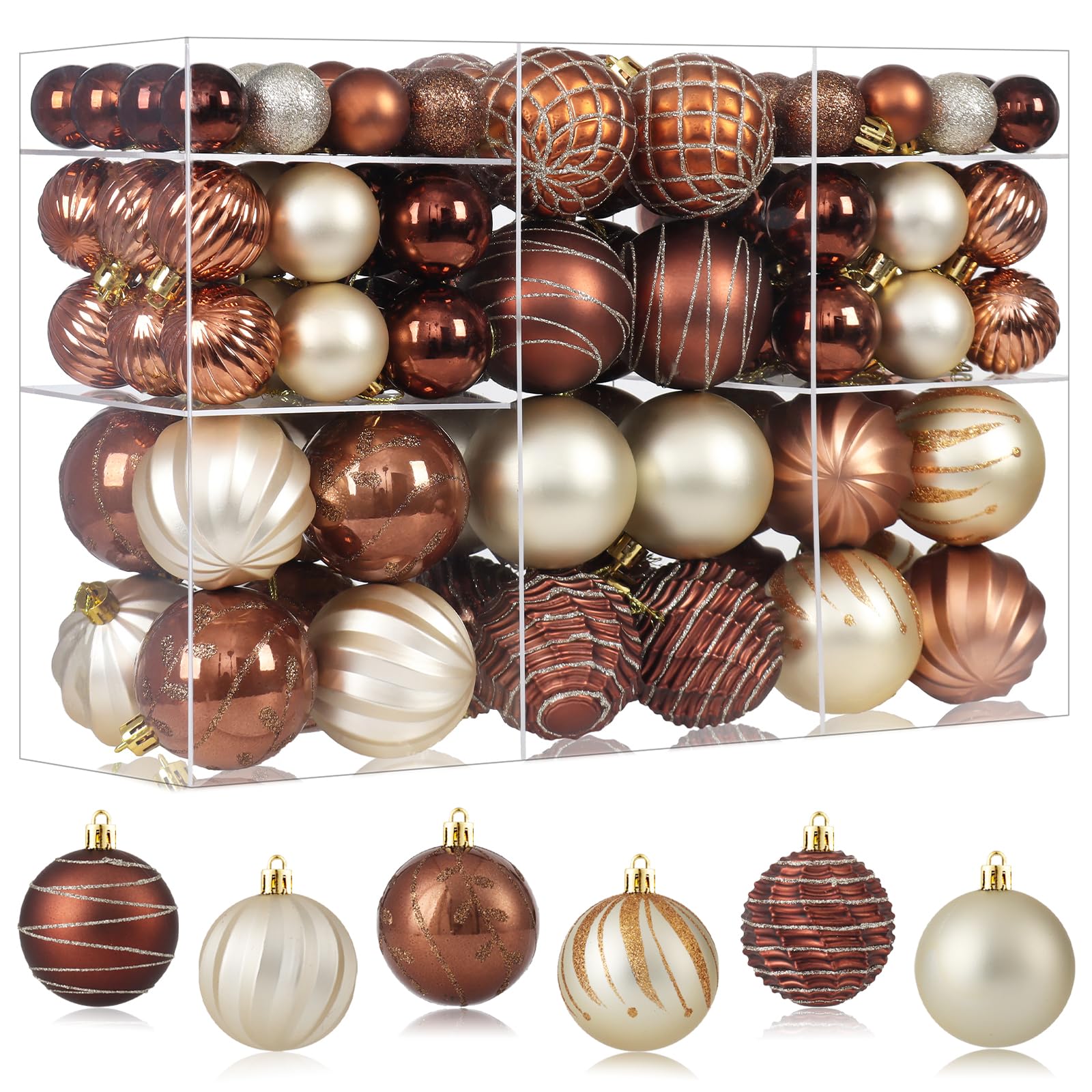 Photo 1 of 100PCS Brown and Gold Christmas Ornaments Set, Shatterproof Christmas Ball Ornaments Bulk, Assorted Decorations Baubles Hanging Ornaments for Christmas Trees Holiday Party Decor (Brown & Gold)