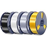 SUNLU Silk Pla Plus Filament 4kg Bundle, Shiny Silk Surface Pla+ 3D Printer Filament 1.75mm ±0.02mm, Glossy 3D Printing Filament, 1kg Spool, 4 Packs. (Light Gold+Silver+Black+White)