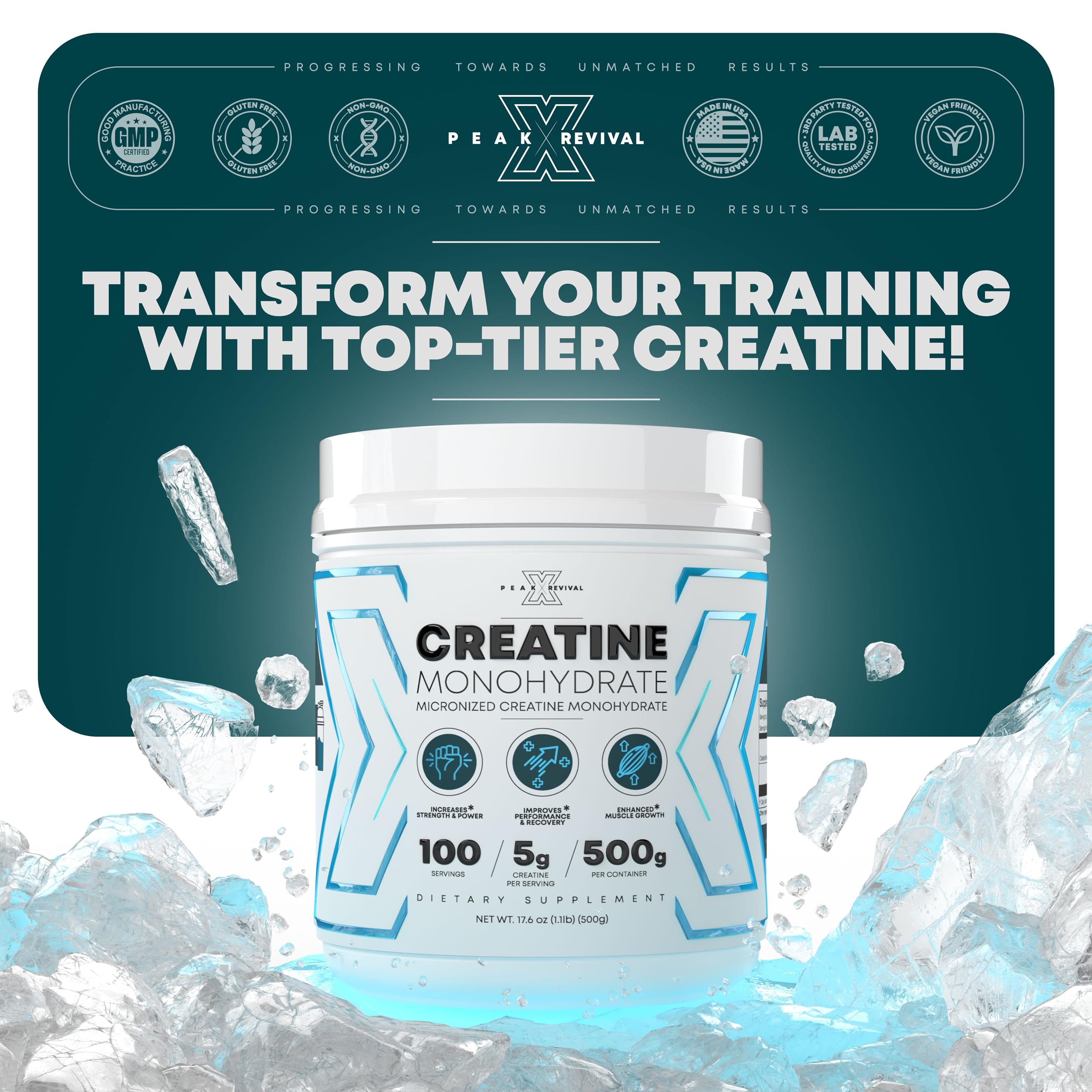 Performance Micronized Creatine Monohydrate Powder Supplement, 5000mg (5g), 100 Servings, Unflavored, Gluten Free, Non-GMO, Vegan