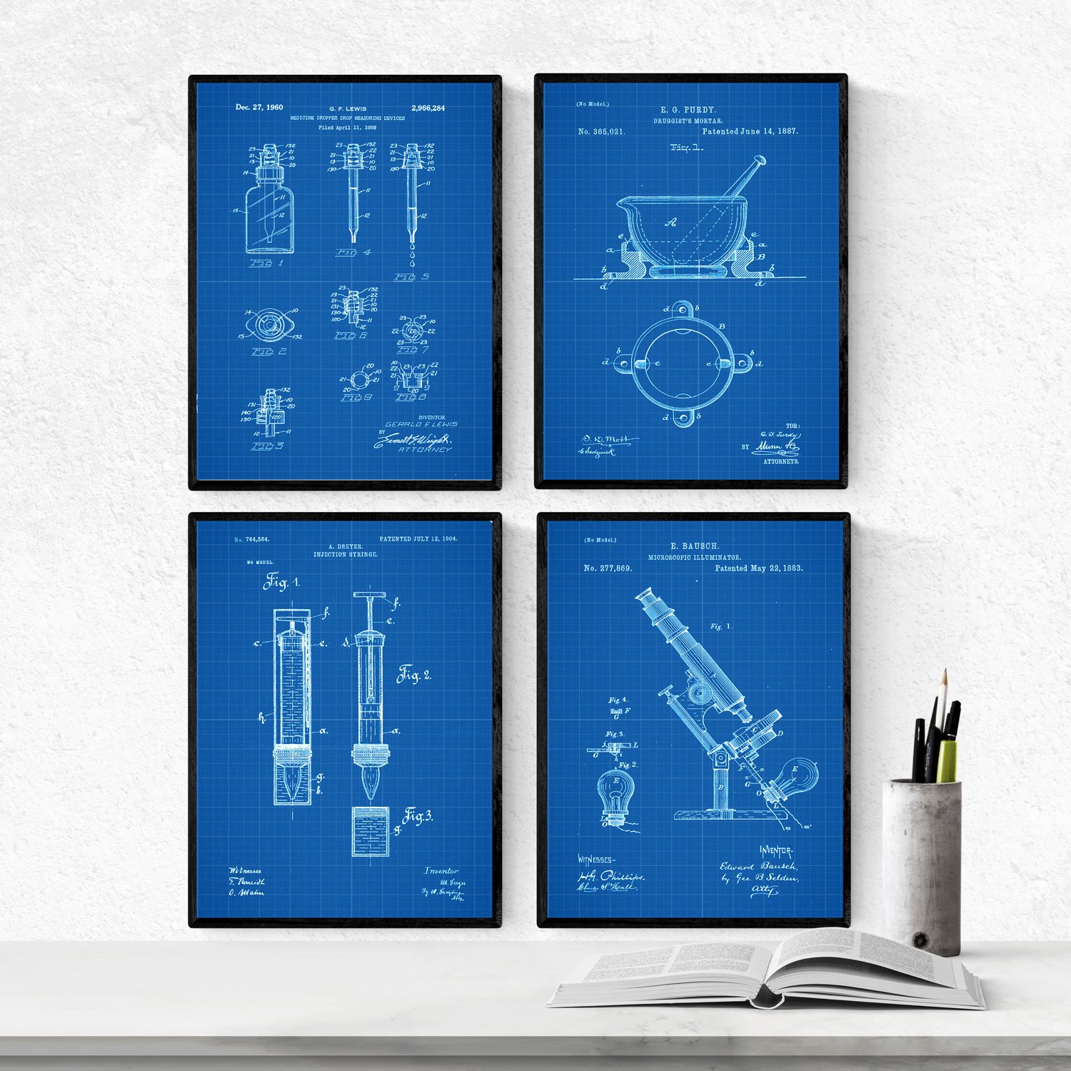 Nacnic BLUE - Pack of 4 sheets with patents PHARMACY. Set posters with inventions and old patents. Choose the color you like. Printed on 250 grams