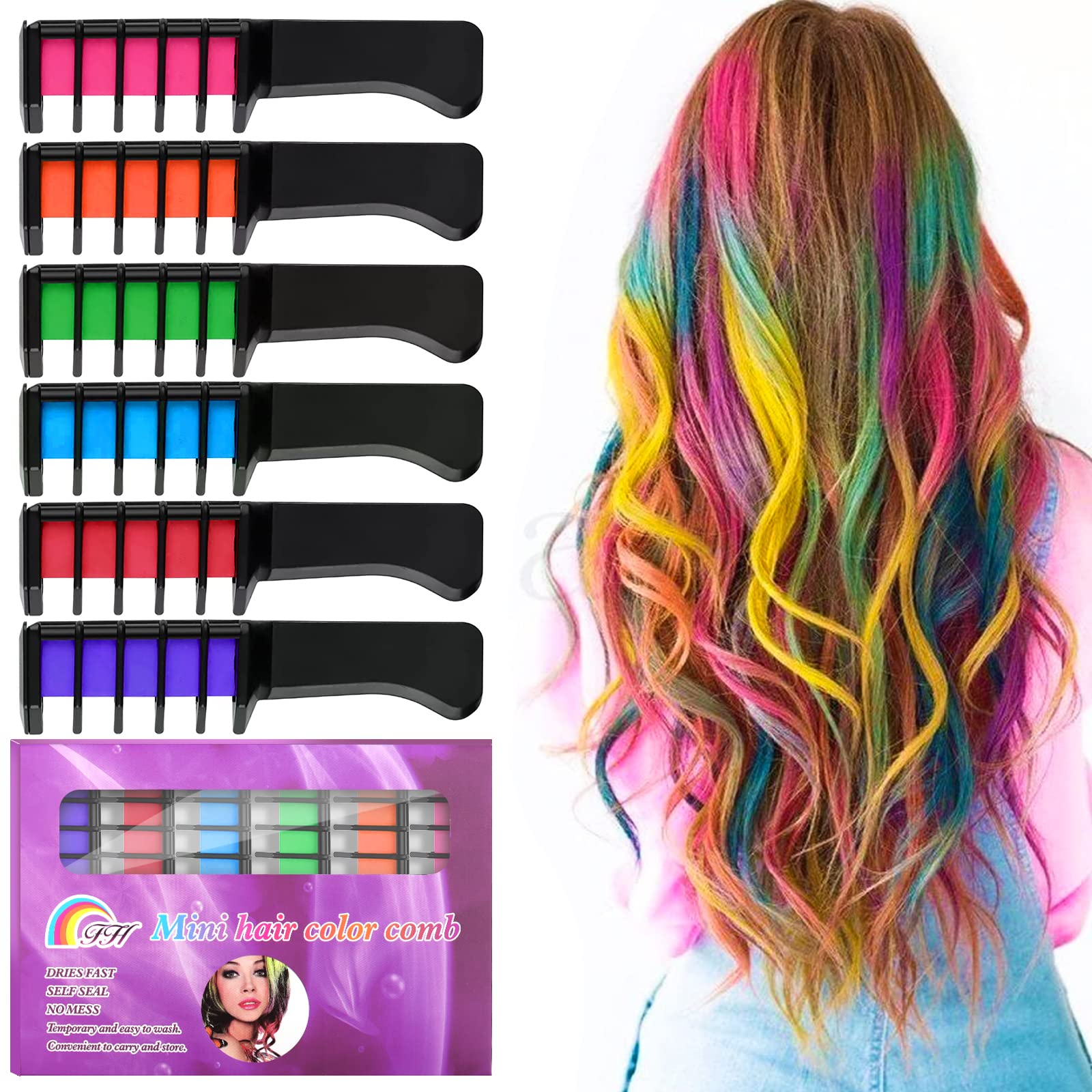 6 Colors Temporary Hair Chalk Combs, Kalolary Metallic Glitter Hair Chalks Birthday Girls Washable Color for Kids Hair Dyeing Party, Cosplay, Halloween, Christmas, Easter