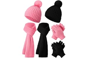 JaGely 2 Sets Kids Winter Hat Gloves Scarf Set Girls and Boys Knit Hat with Pom Warm Scarf Snow Gloves for 3-10 Years Toddler