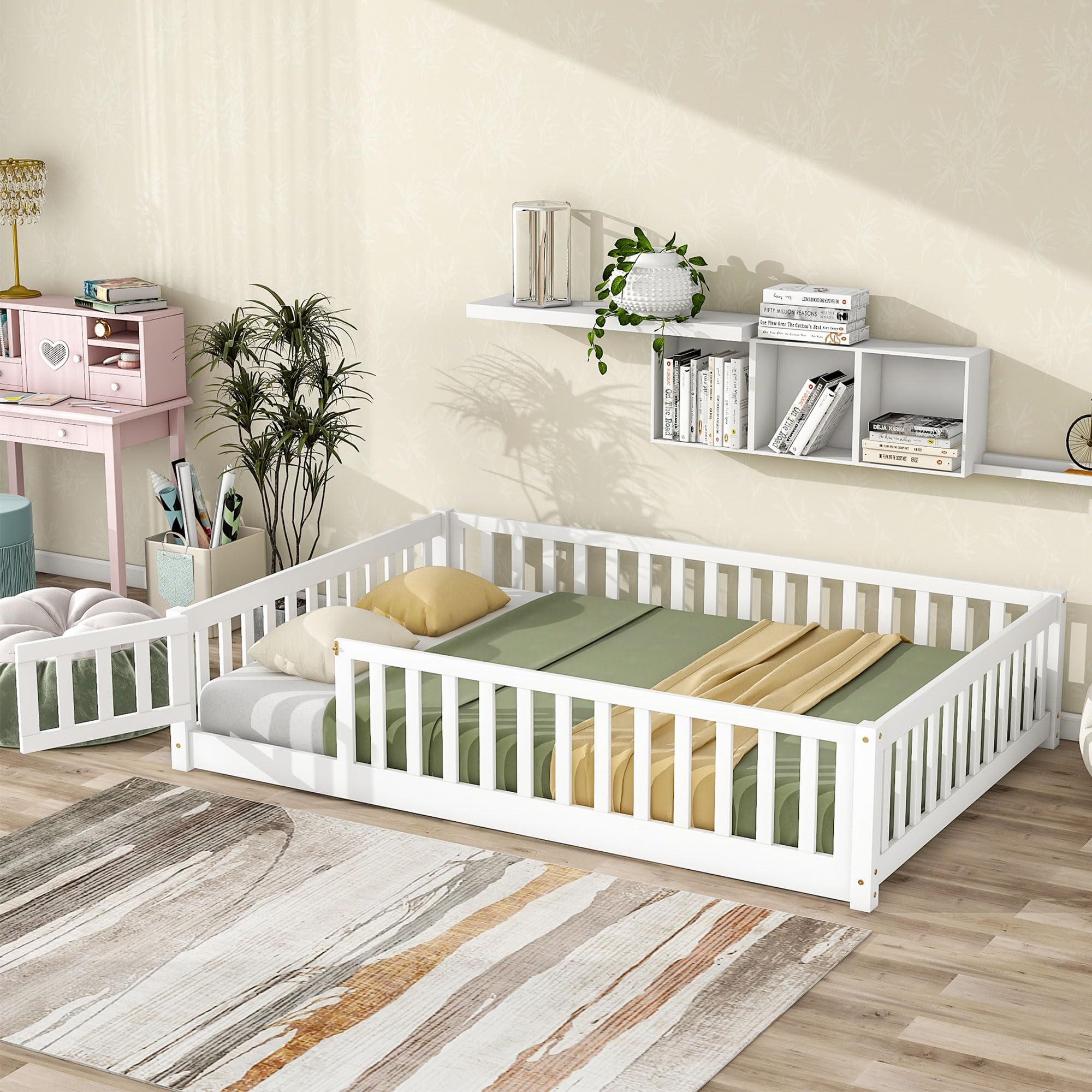 Photo 1 of LostCat Full Size Floor Bed Frame with Safety Fence and Door, Wood Montessori Floor Bed with Slat Support, Montessori Bed Frame for Girls Boys,No Box Spring Needed, White