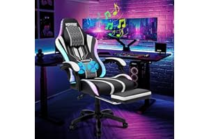 HOFFREE LED Gaming Chair Massage with Speakers Game Chair Big and Tall with Footrest Gamer Chair for 400lbs Computer Desk Chair for Adults White and Black