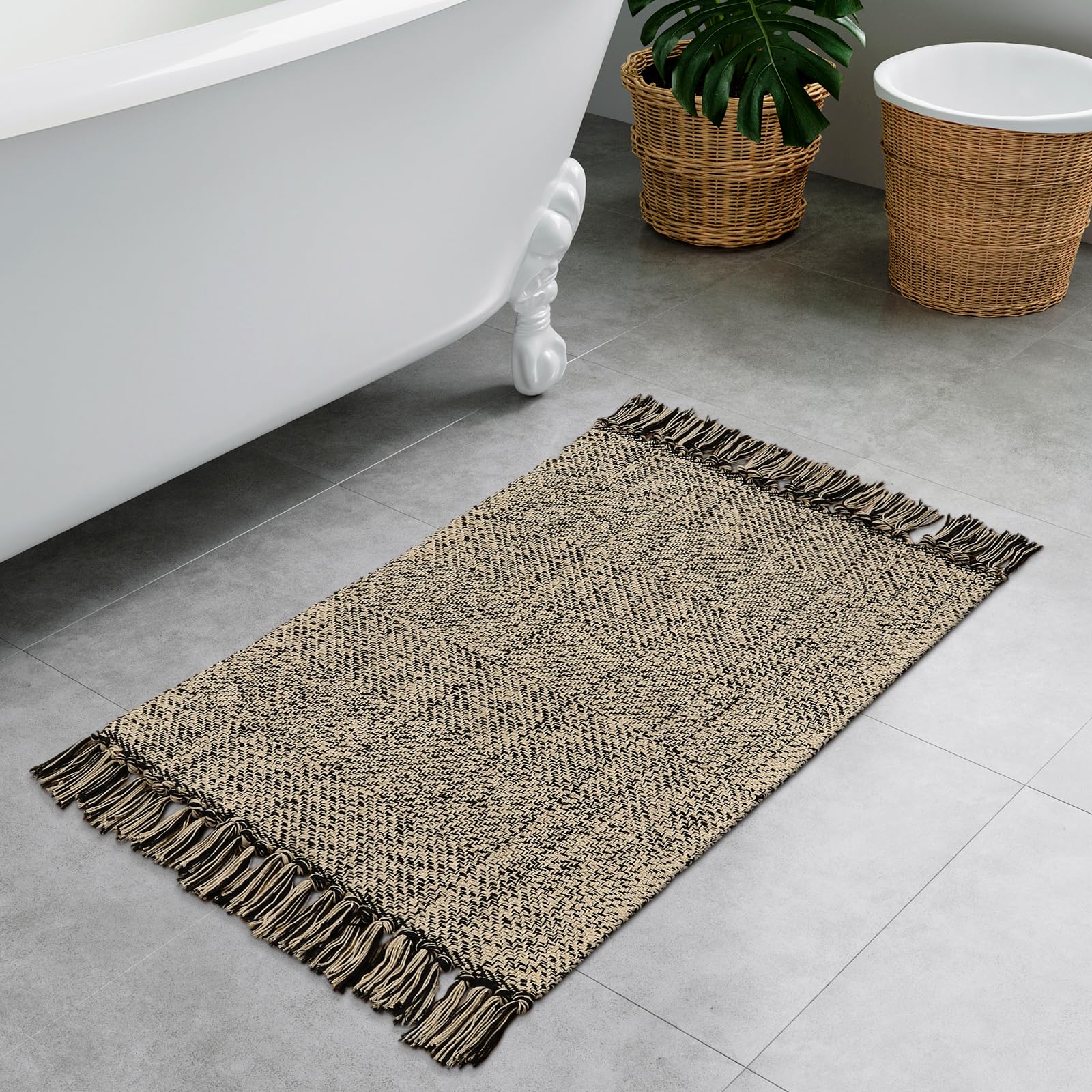 Photo 1 of Collive Washable Small Bathroom Rug 2x3, Hand Woven Low Profile Front Door Mat Natural/Black Farmhouse Entryway Rugs, Cotton Reversible Kitchen Carpet for Foyer Bedroom Door Decor