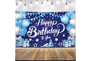 KatchOn, Silver and Blue Happy Birthday Backdrop - XtraLarge, 72x44 Inch | Happy Birthday Banner for Men | Blue Birthday Banner, Happy Birthday Decorations for Men | Blue Birthday Backdrop for Girls