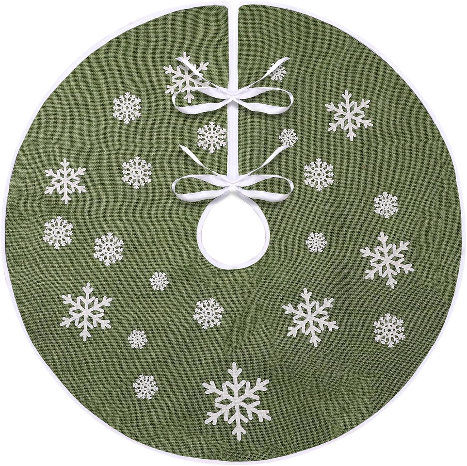 N&T NIETING Christmas Tree Skirt, 30 Inches White Snowflake Printed White Rustic Burlap Tree Skirt, Farmhouse Xmas Tree Holiday Decorations(Light Green)