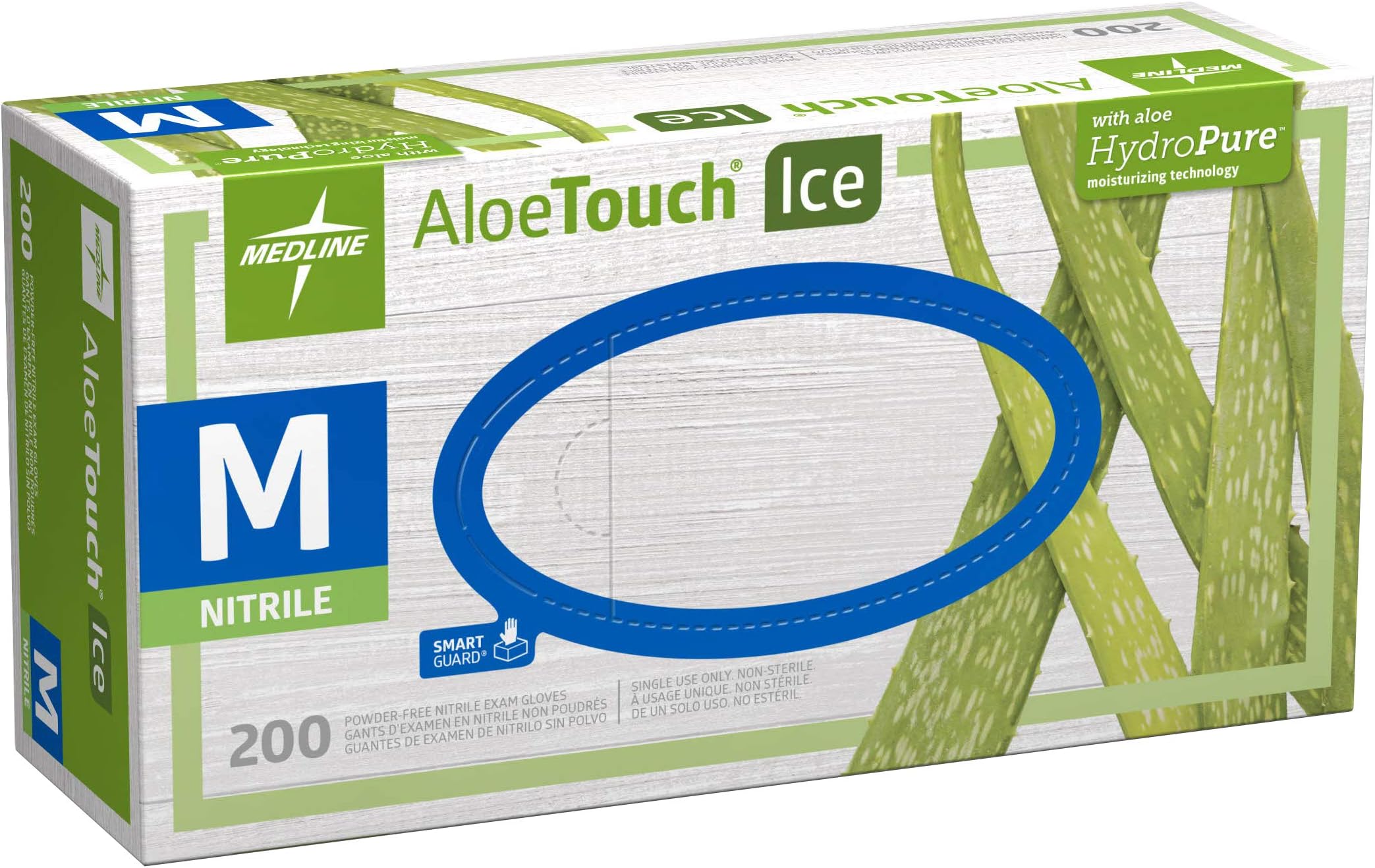 Medline Aloetouch Ice Powder-Free Latex-Free Nitrile Exam Gloves, Green, Medium, 200 Count