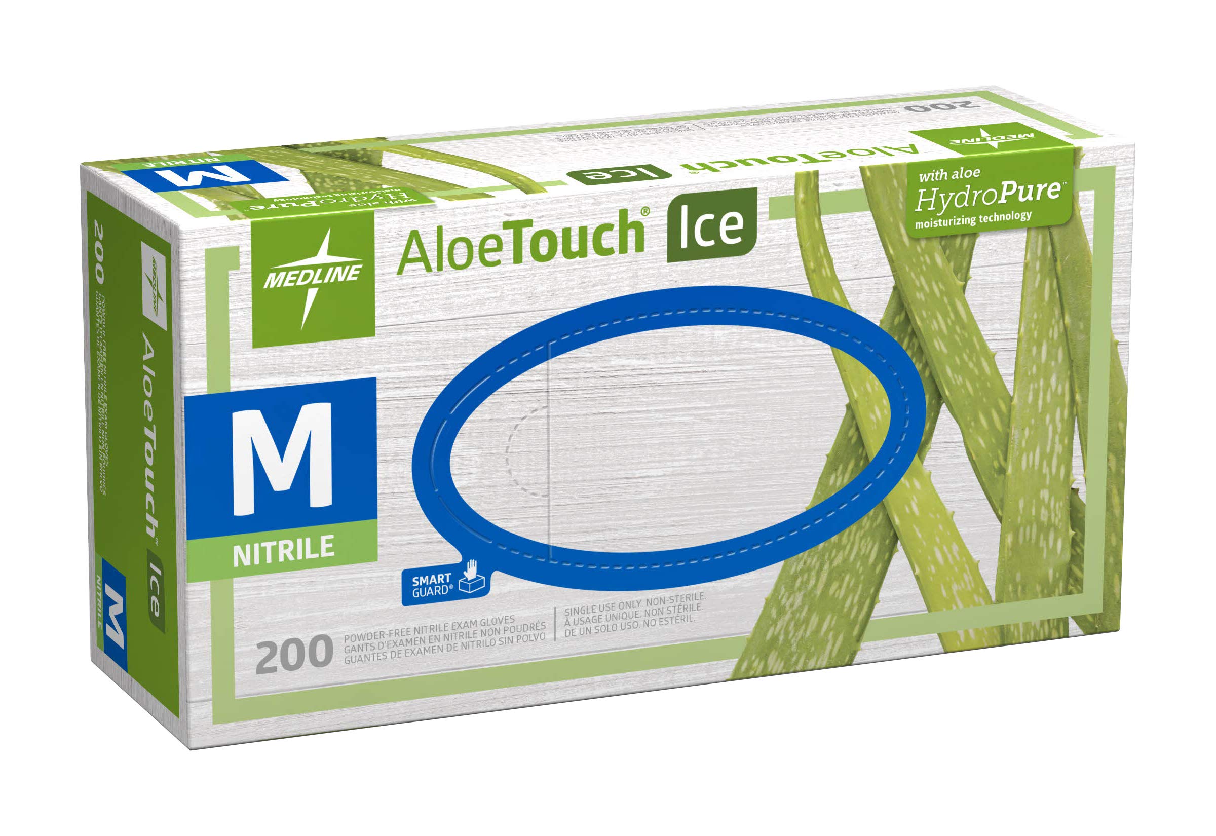 Medline Aloetouch Ice Powder-Free Latex-Free Nitrile Exam Gloves, Green, Medium, 200 Count