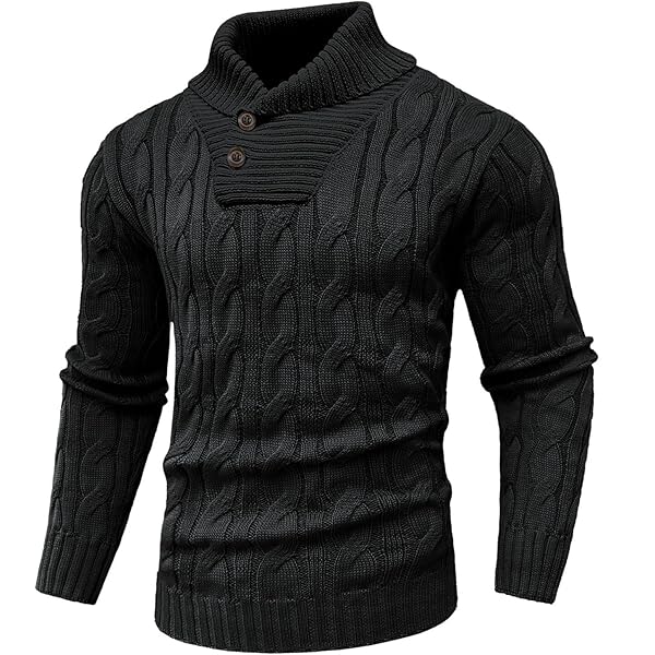 SAVKOOV Men's Shawl Collar Pullover Sweater Casual Button Cable