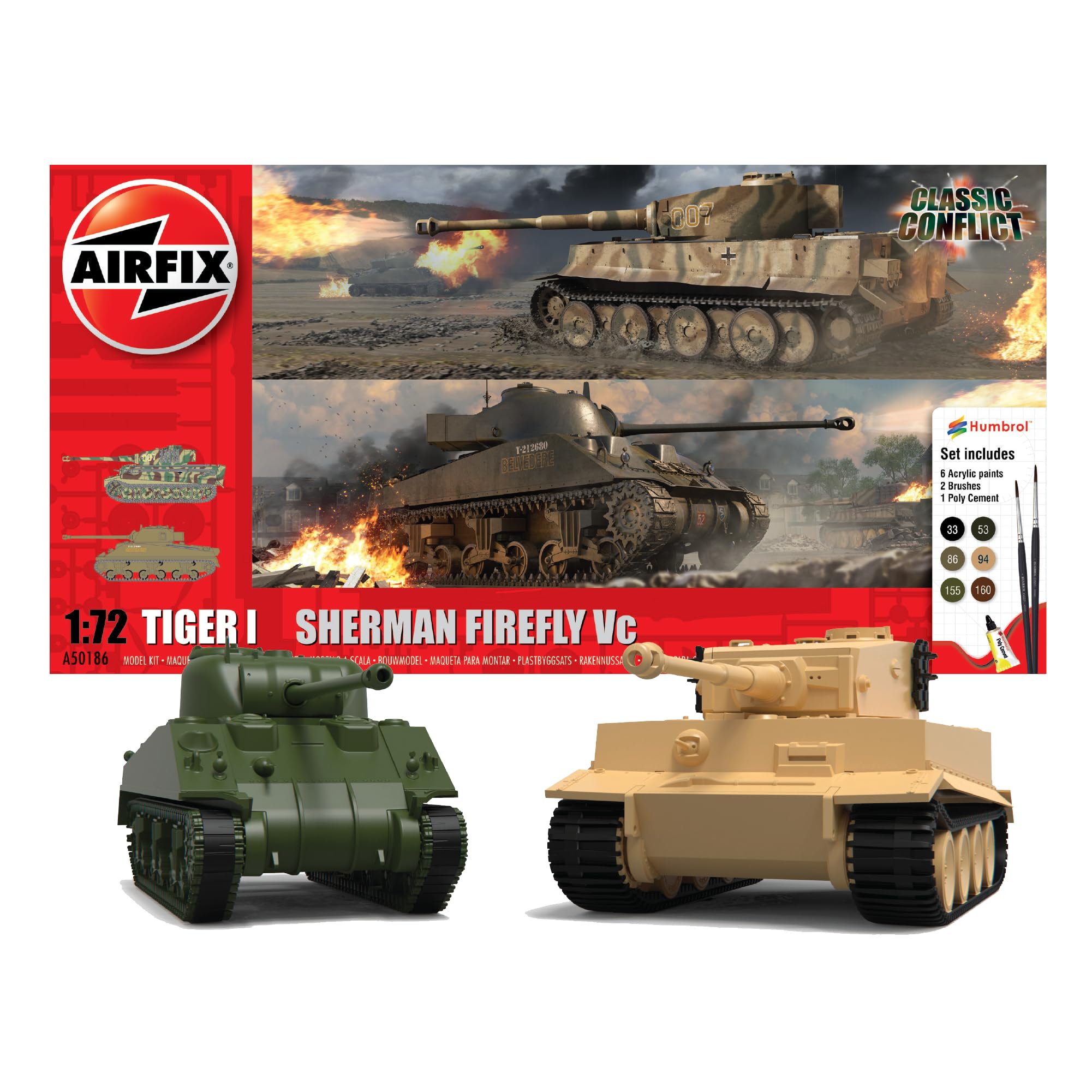 Airfix Tank Model Building Kits - Tiger 1 & Sherman Firefly Miniature Craft Kit, 1/72 Scale Plastic Model Kits for Adults to Build, Incl. Tank Models, Paint, Brushes & Poly Cement - Tank Gifts for Men