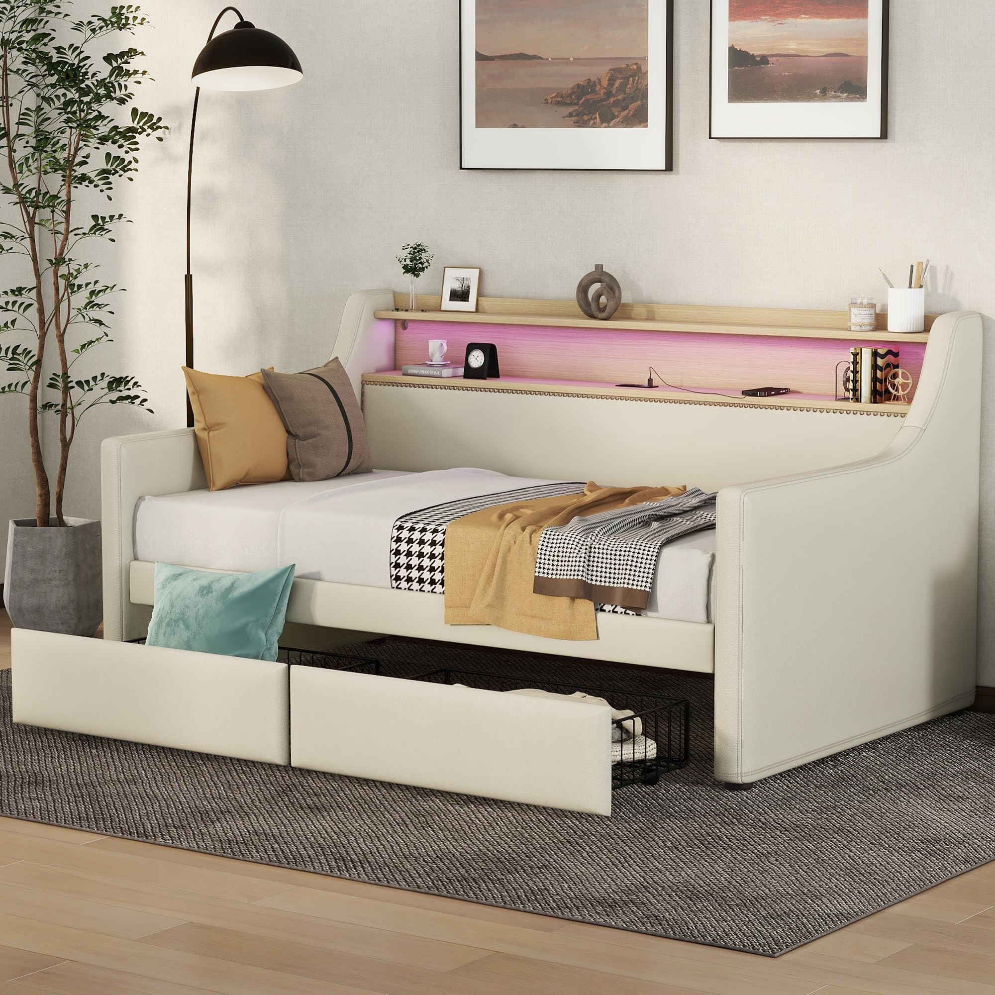 Photo 1 of *** PARTIAL SET - PARTS ONLY *** Bellemave Twin Size Daybed with Drawers, Upholstery Daybed with LED Light ? Charging Station, Fabirc Day Bed with Wood and Metal Frame, Twin Daybed Frame with Storage Shelf, Beige