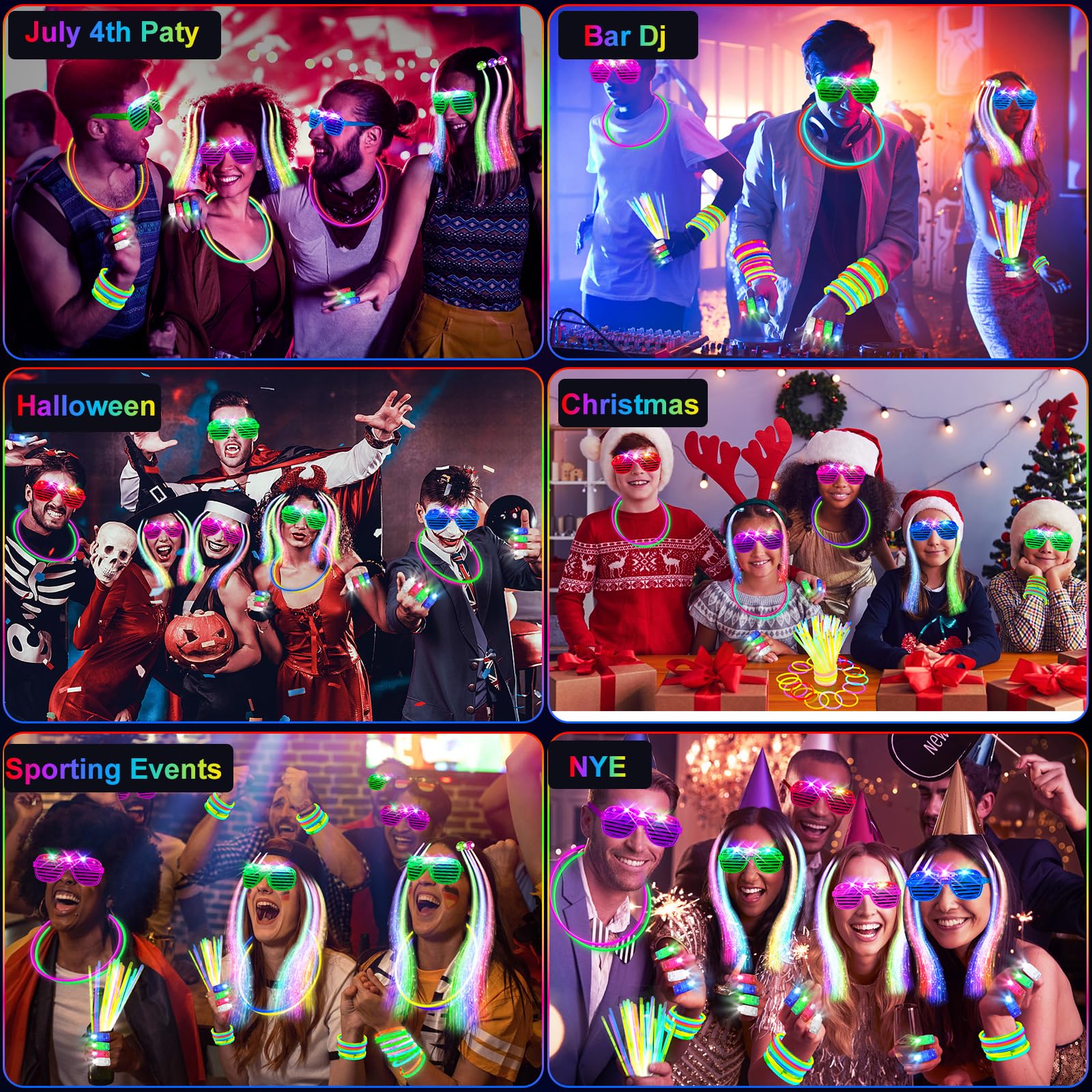 158 PCS Glow in the Dark Halloween Party Supplies, 14PCS LED Glasses, 30LED Finger Lights, 14LED Light Hairs and 100PCS Glow Sticks Bracelets, Neon Party Favors for Wedding,Concert, Birthday
