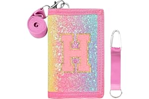 SiorVeol Girls Wallet for Kids Initial Glitter Wallets Trifold with Zipper and Card Slots Including Neck Lanyard and Hanging Strap, Vertical Rainbow, H
