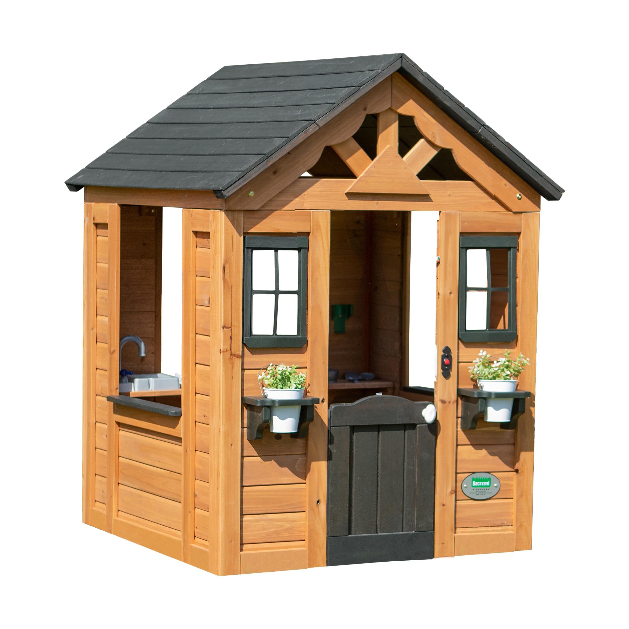 Backyard Discovery Sweetwater 100% Cedar Wood Playhouse | Outdoor Garden Structure for Kids | Cubby House for Children | Toy Kitchen, Phone and Flowerpot Holders | For 2-7 Year Olds | Brown
