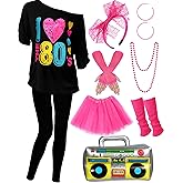 Women 80s Costume Accessories Set T Shirt Leggings Tutu Headband Earring Necklace Leg Warmers Fishnet Gloves for Cosplay