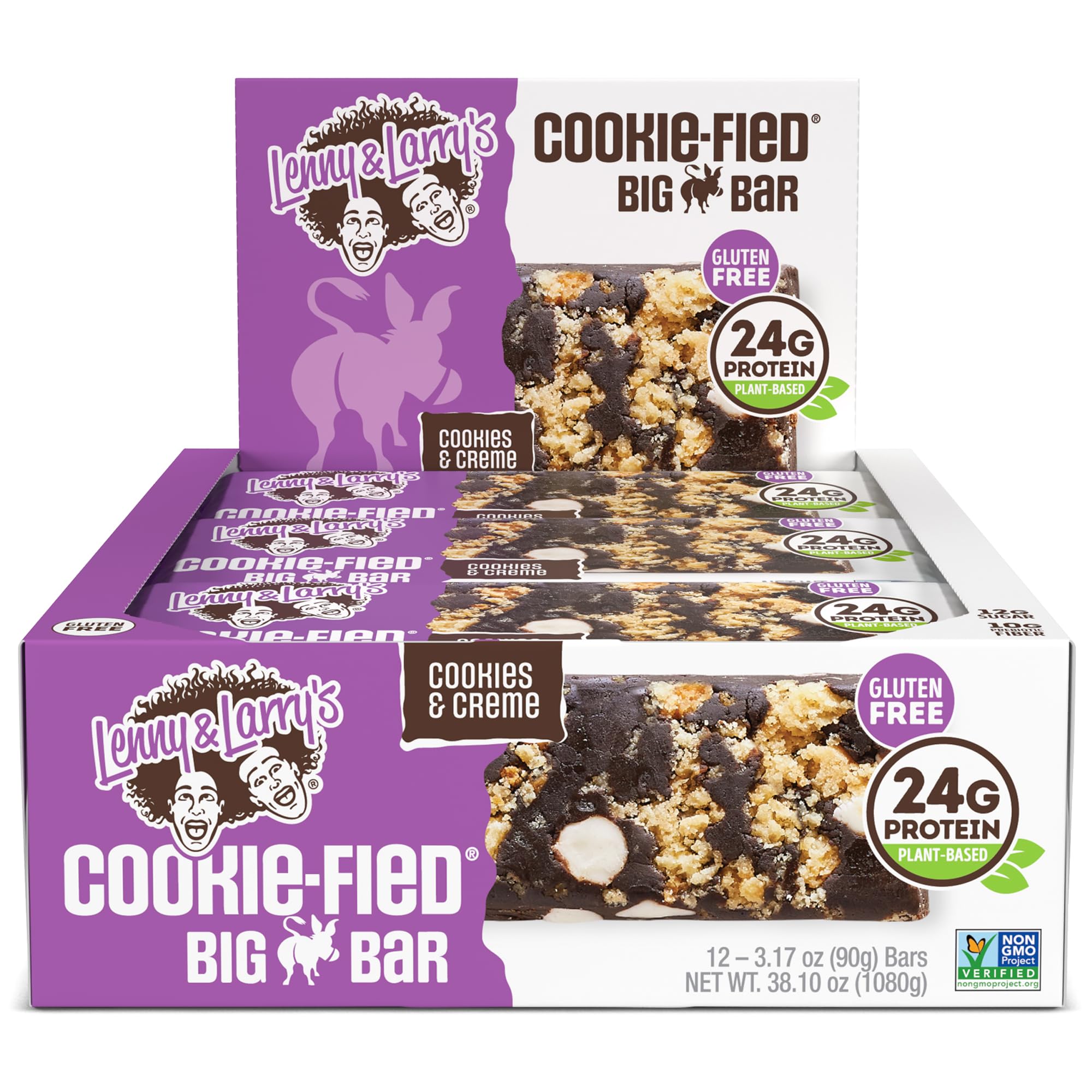 Lenny & Larry's Cookie-fied BIG BAR 90g, Cookies and Creme, 12-pack with 24 grams of Plant-Based Protein XL Vegan Snack Bars, 10g Prebiotic Fiber Non-GMO, Kosher