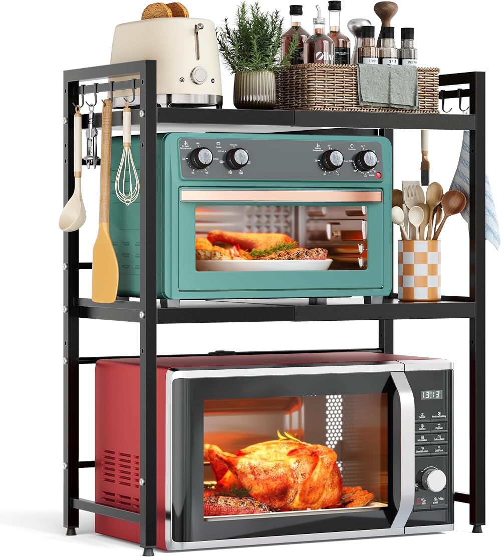 NETEL Expandable Microwave Shelf 3 Tier Stand with 8 Hooks 50kg Capacity