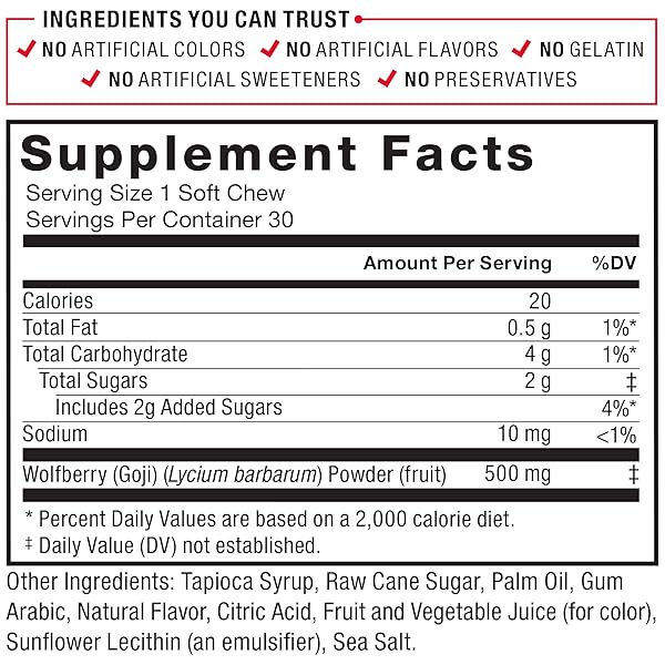 FORCE FACTOR GOJI BERRY SOFT CHEWS SUPERFOOD ANTIOXIDANTS SUPPLEMENT TO SUPPORT HEALTHY EYES AND SKIN, IMMUNE HEALTH, AND INFLAMMATION, NON-GMO, GLUTEN-FREE, & VEGAN, GOJI BERRY FLAVOR, 30 SOFT CHEWS