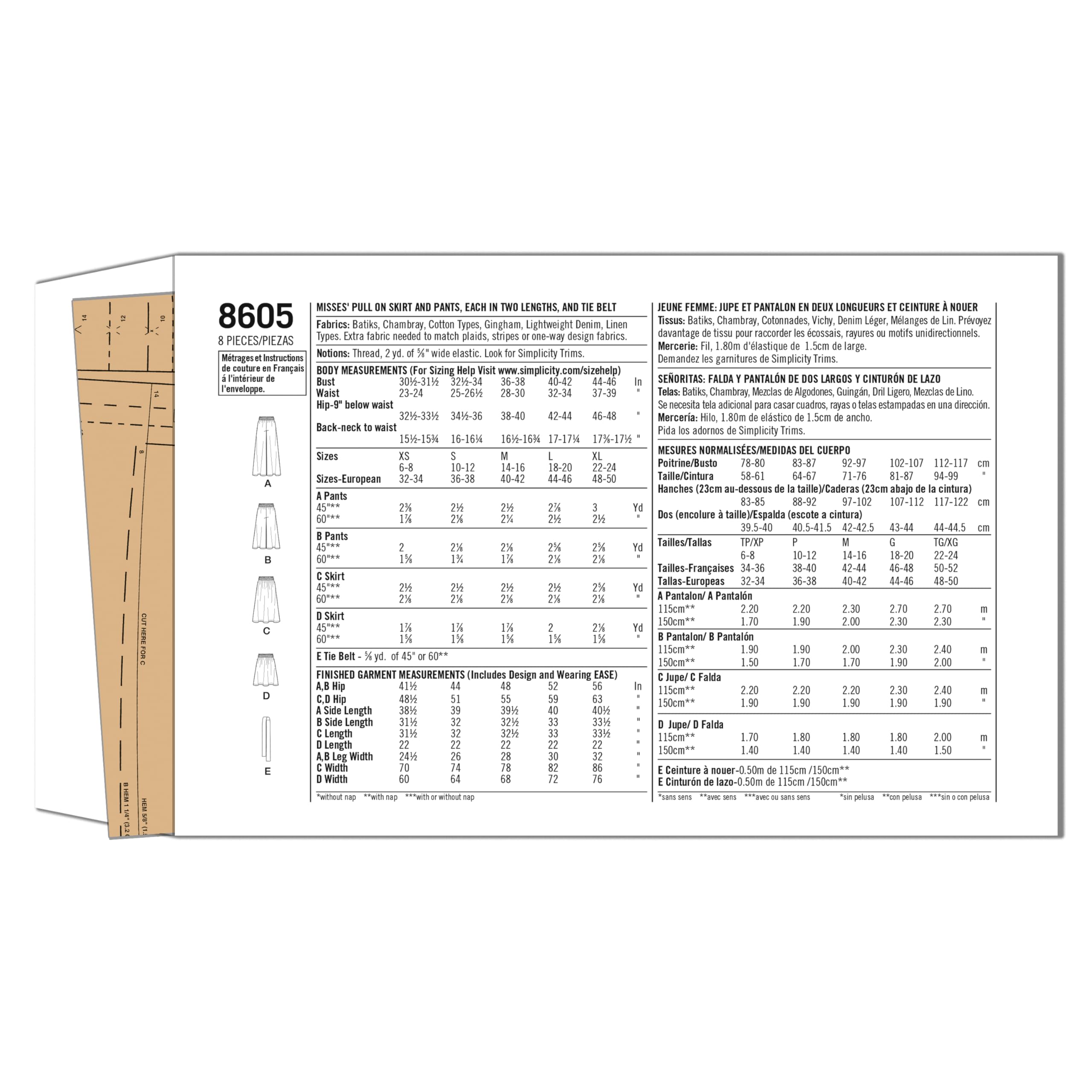 Simplicity US8605A Easy to Sew Women's Skirts and Loose Fitting Pants Sewing Patterns, Sizes 6-24