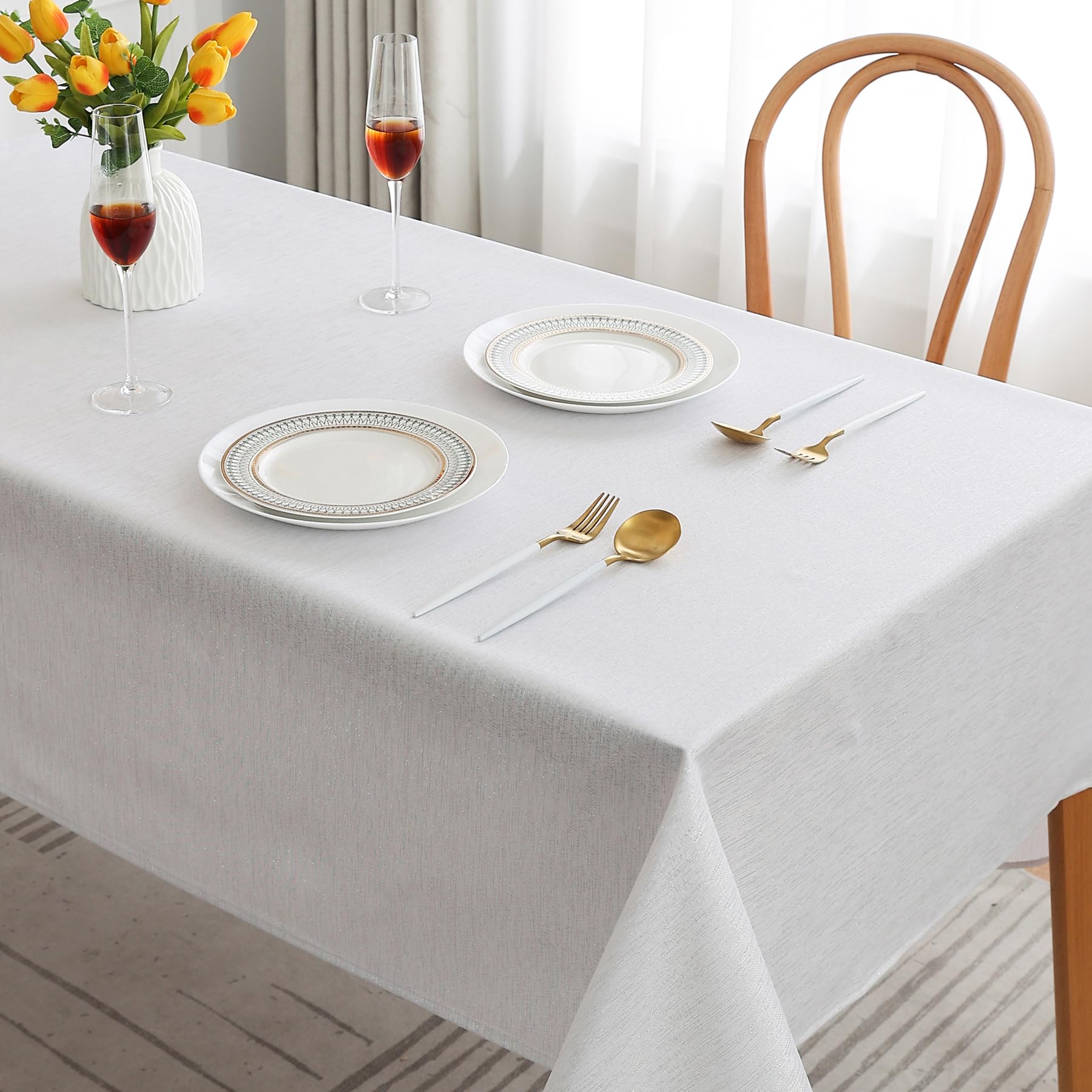 Table Cloth Decorative Prestige Glitter Rectangle Dining Table Cover for Kitchen Picnic Parties Machine Washable (White, 52" x 70")