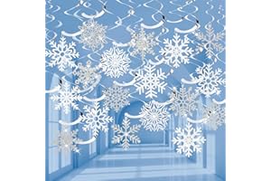 OUMUAMUA 30Pcs Winter Snowflake Hanging Swirl Decorations, White Silver Christmas Glitter Snowflake Hanging Swirls Ornaments Ceiling Streamers for Xmas Winter Wonderland Frozen New Year Birthday Party Supplies