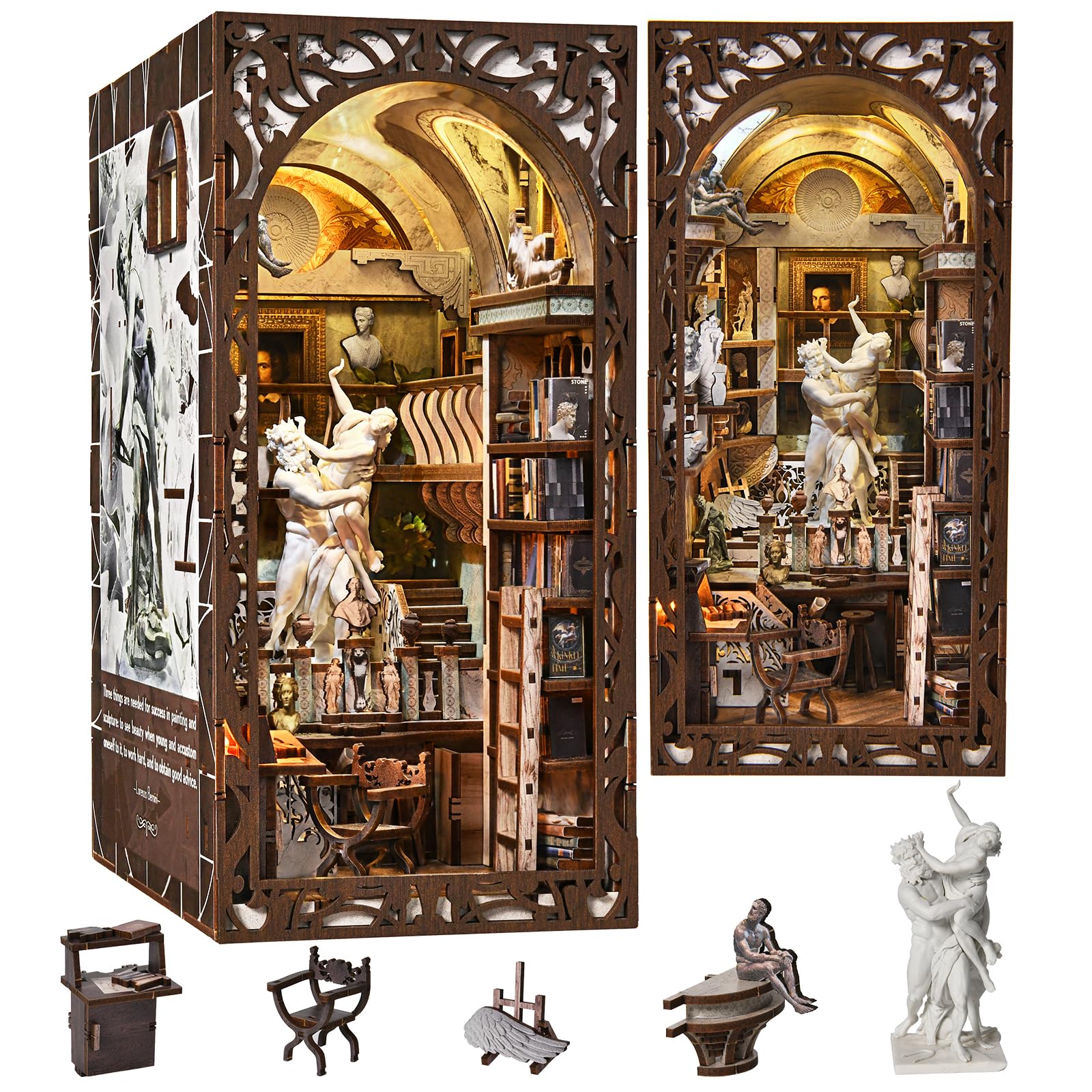 MiniCity Book Nook Kit, DIY Doll House Booknook, Miniature Kit for Bookshelf Doll Houses for Adults Teen Halloween, 3D Wooden Puzzle Bookends with Led Light and Dust Cover (Bernini's Workshop) — image 1
