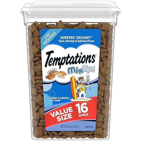 TEMPTATIONS MIXUPS CRUNCHY AND SOFT CAT TREATS SURFER’S DELIGHT FLAVOR, 16 OZ. TUB
