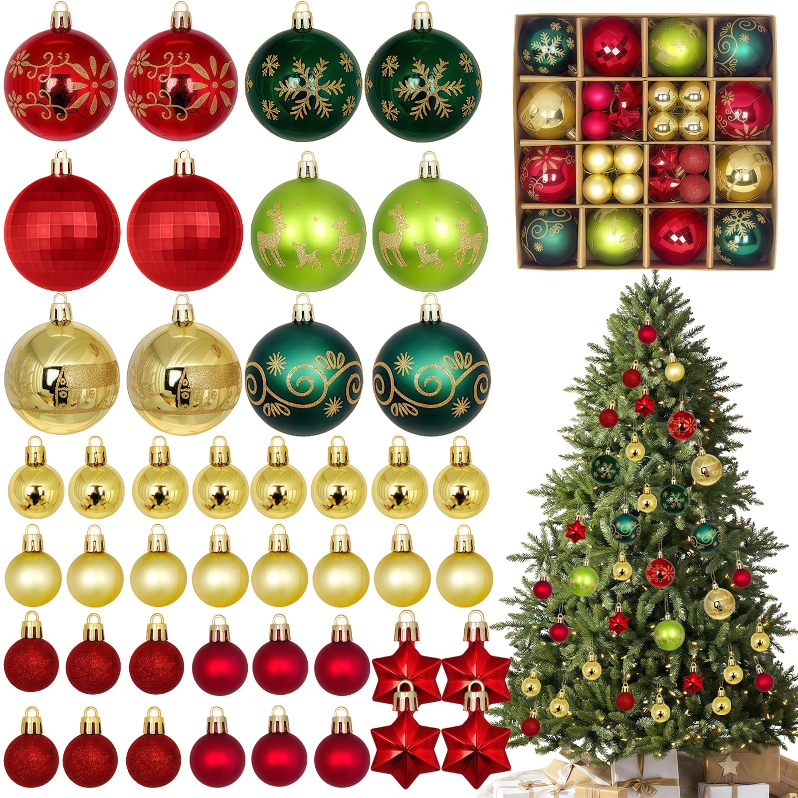44pcs Christmas Baubles Tree Decorations,Red Green Xmas Ball Ornaments 3cm 6cm Mini Baubles Hanging Ball Plastic Christmas Bulbs for Xmas Tree Decorations,Home Party