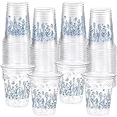 Funnymoom 60 Pack Blue Floral Plastic Cups 12 oz Blue White Flower Wildflowers Disposable Clear Plastic Drinking Cups for Summer Spring Wedding Bridal Baby Shower Birthday Party Decoration Supplies