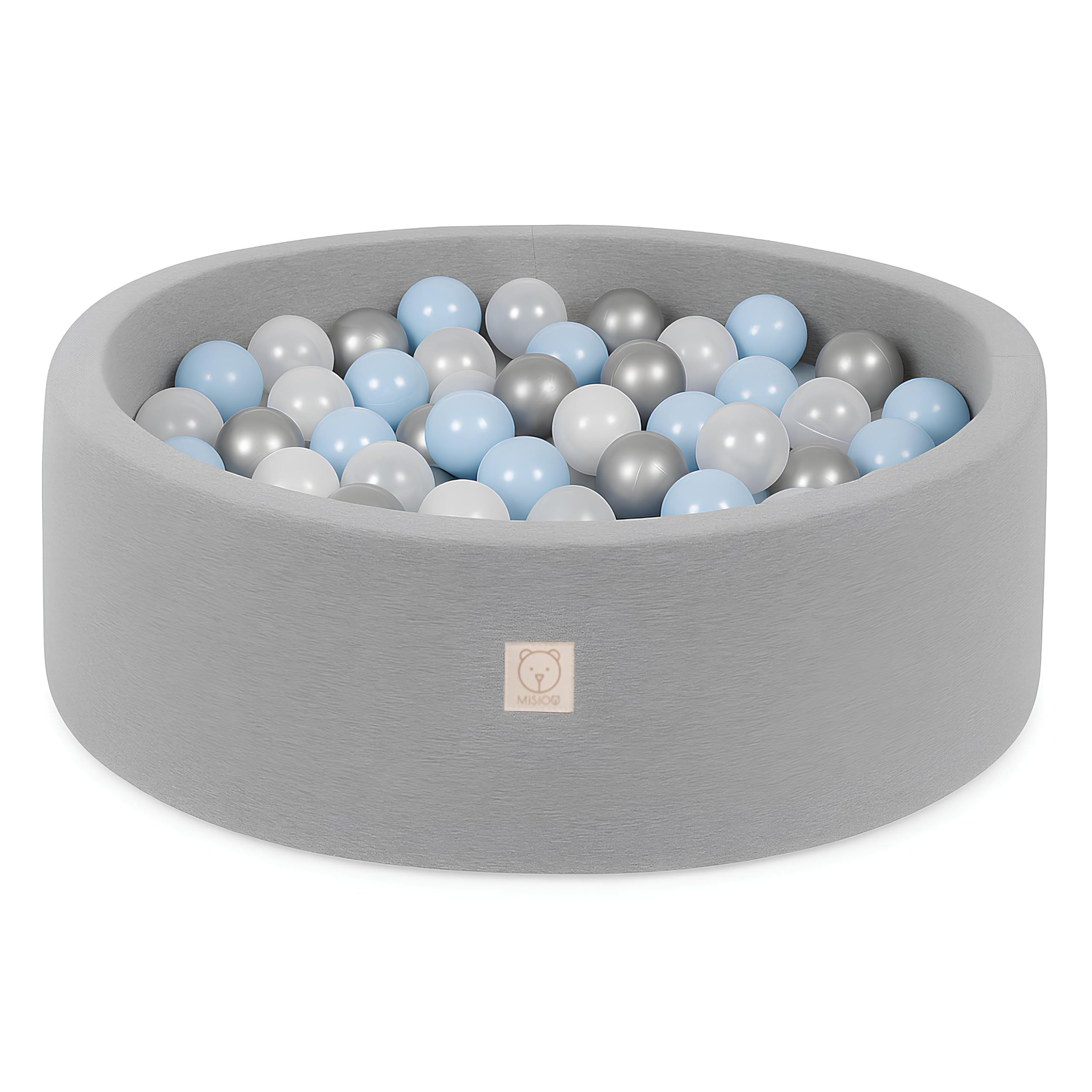 MISIOO Smart Ball Pit - 90 x 30 cm - Baby's Room - 200 Balls - Machine Washable - Oeko-Tex - Light Grey - Silver/Pearl/Light Blue