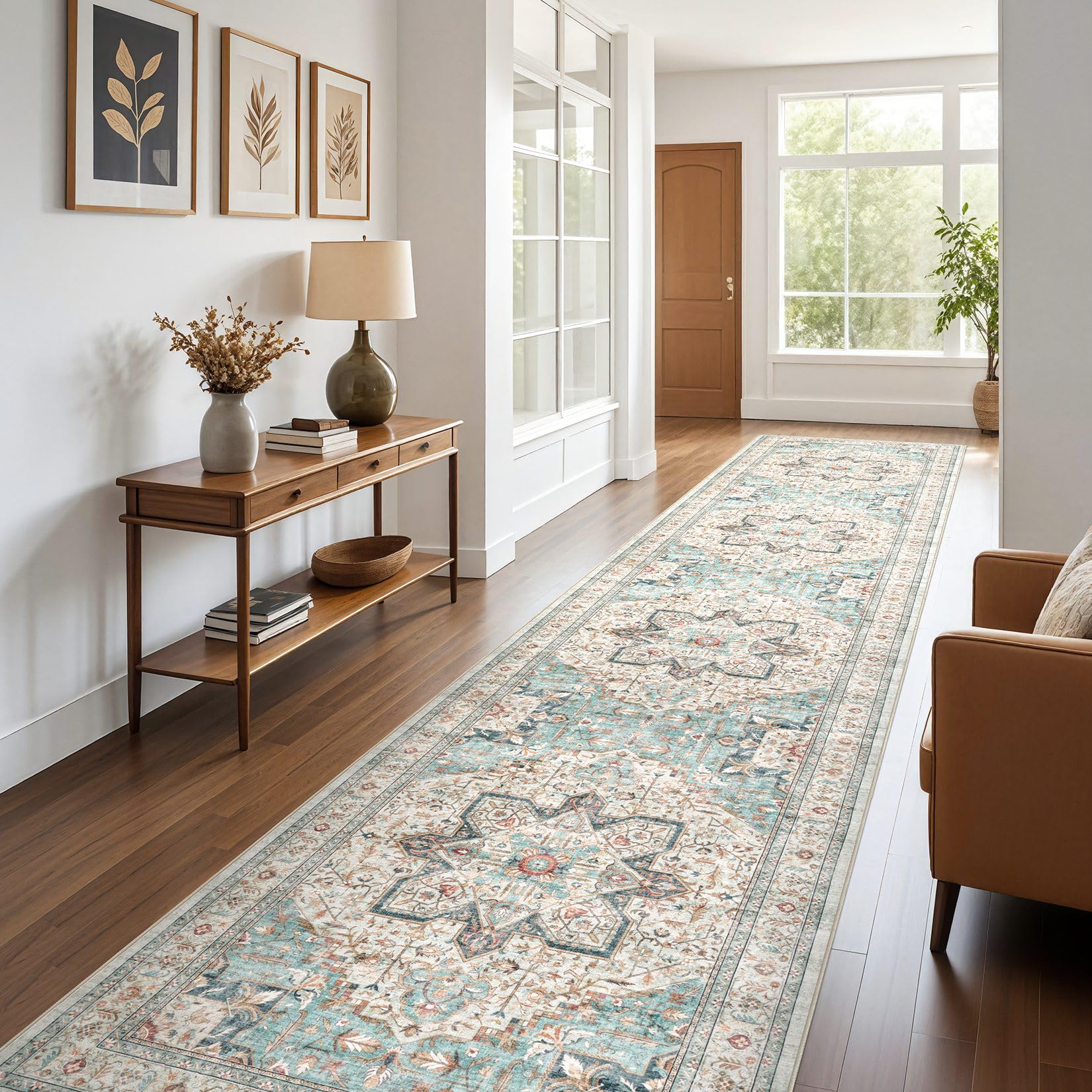 Tortania Area Rug 3x18 Runner Rugs - Washable Vintage Oriental Farmhouse Thin Indoor Carpet for Living Room Bedroom Hallway Entryway Kitchen Under Dining Table Home Office - Aqua Multi Image