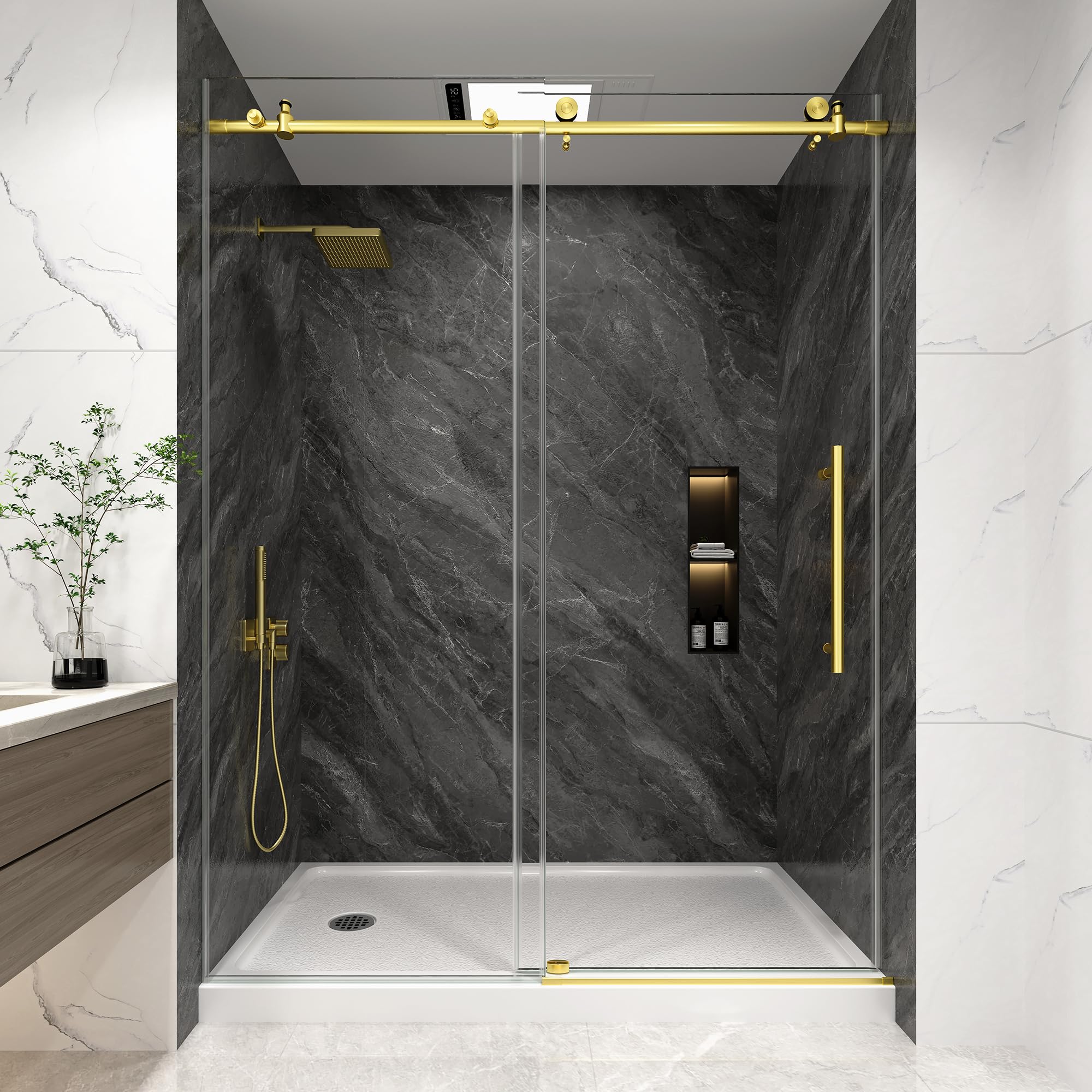 Photo 1 of KPUY Frameless Shower Door, 56-60" W x 76" H Sliding Glass Shower Door, 1/4" (6mm) Thick Tempered Clear Glass with Explosion-Proof Film Nano Coating, Stainless Steel Hardware, Brushed Gold
