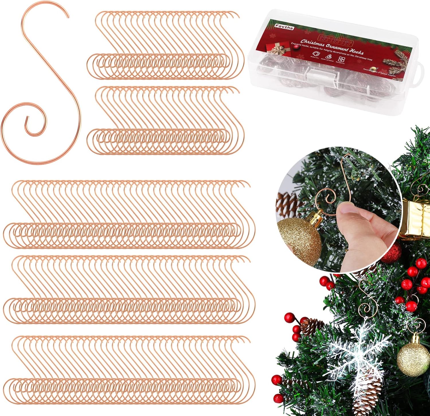 Ornament Hooks - Fovths 240 Pieces Christmas Metal Wire Hooks Ornament 1.9 x 0.9 Inches Christmas Tree Hangers Stainless Steel S Shaped Hooks for Christmas Tree Decorations Home Party Ornaments (Rose Gold)