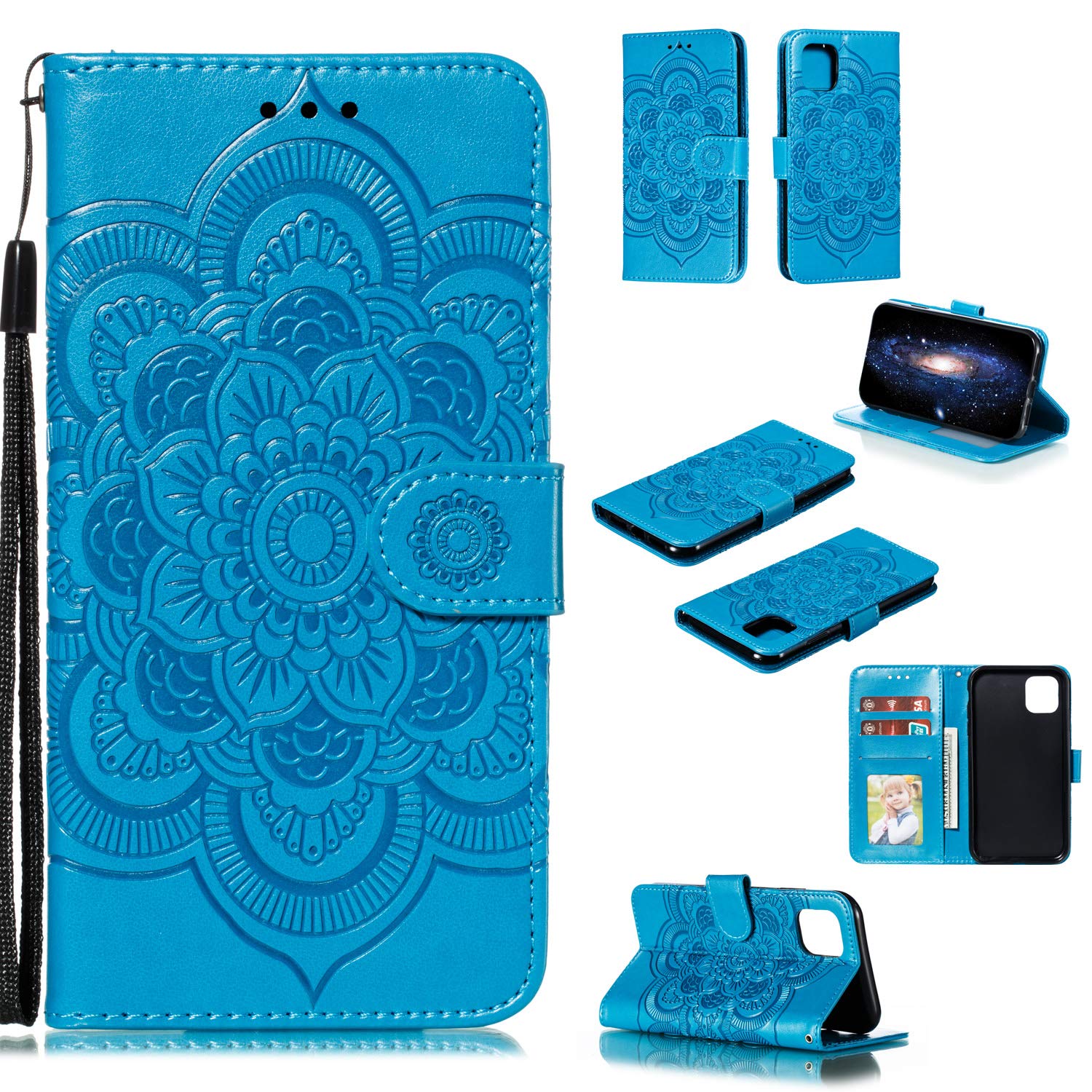 EYZUTAK Case for iPhone 11 6.1 inch, Premium Flip Wallet Phone Case PU Leather Mandala Embossed Design Shockproof Cover with Kickstand Card Holder Protective Case - Blue