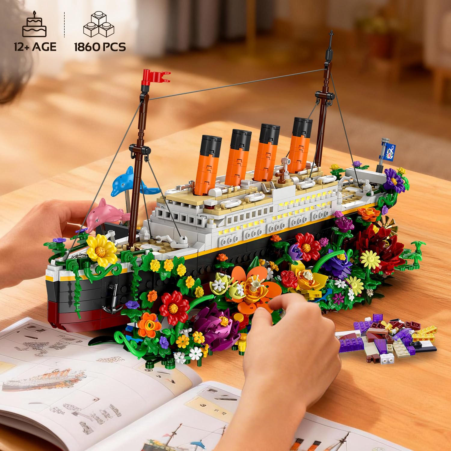 INSOON Blumen Titanic Bauspielzeug mit Licht, 1860 Stück Titanic Schiff Modell Klemmbausteine mit Blumen & Pflanzen, Deko Bausteine Geschenk für Erwachsene Jugendliche Jungen Mädchen ab 12 Jahren 8