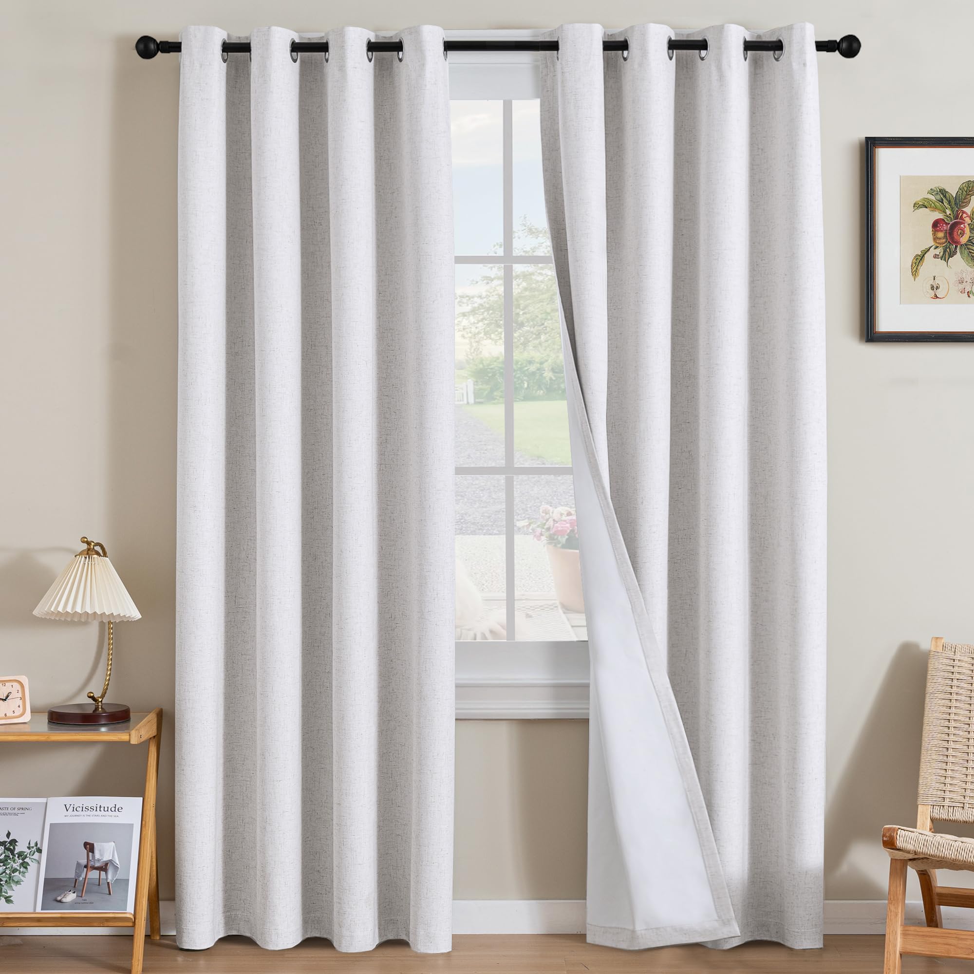 Photo 1 of H.VERSAILTEX Linen Curtains 100% Blackout Curtains for Bedroom 96 inch Long Full Light Blocking Nature Linen Blended Window Curtains for Living Room Nickel Grommet (2 Panels, Heathered White)