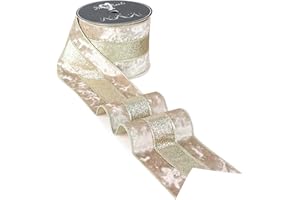 MAYREEL Champagne Crushed Velvet Wired Ribbon 4 Inch Extra Wide Christmas Ribbon with Champagne Gold Glitter Stripe, 10-Yard Roll for Christmas Tree, Wreaths, Bows & Elegant Holiday Décor