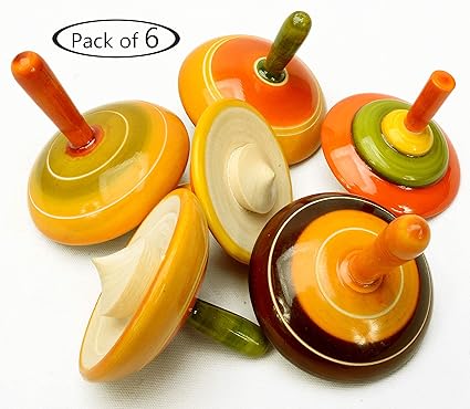Lot of 6 pcs Handmade Painted Wood Spinning Tops Wooden Toys Vintage India Craft