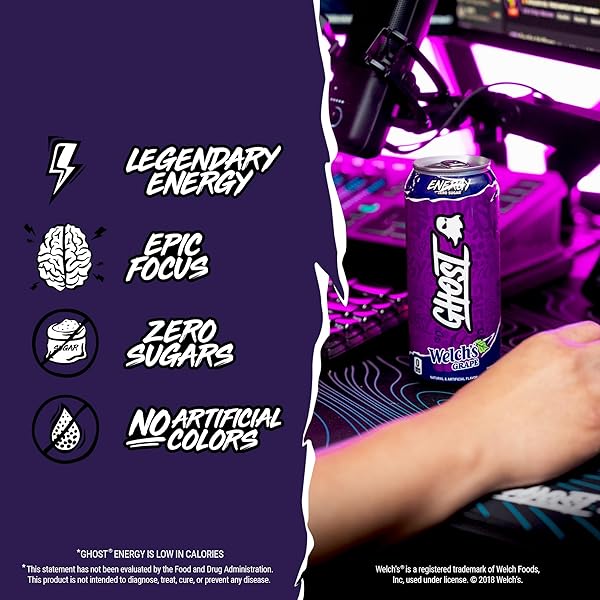 GHOST ENERGY DRINK – 12-PACK, WELCH’S GRAPE, 16OZ CANS – ENERGY & FOCUS & NO ARTIFICIAL COLORS – 200MG OF NATURAL CAFFEINE, L-CARNITINE & TAURINE – GLUTEN-FREE & VEGAN