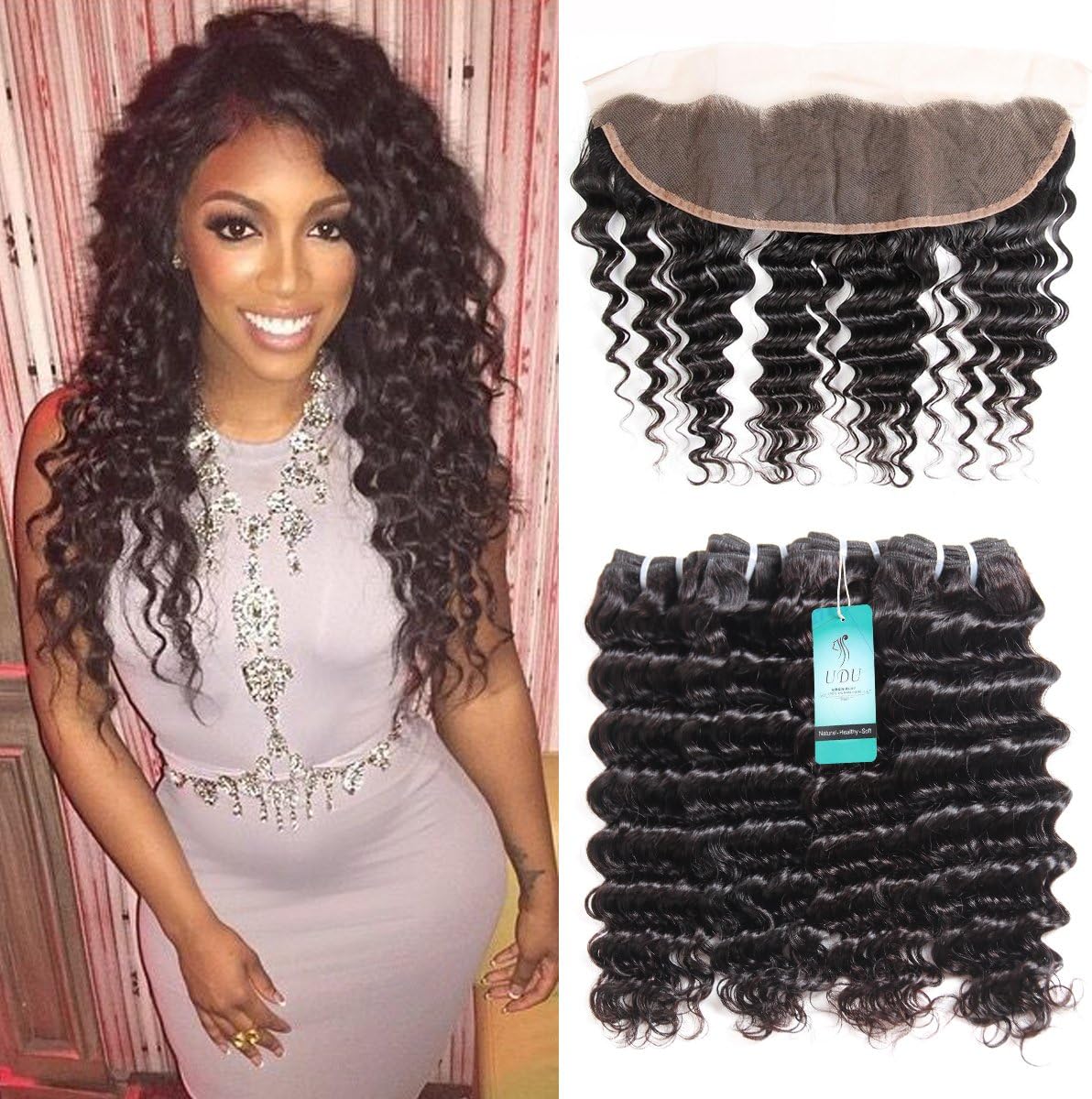 Deep Wave Bundles with Frontal, UDU 10A Human Hair with Frontal Deep Curly Remy Hair Extensions Brazilian Loose Deep Wave Bundles 50g/pc