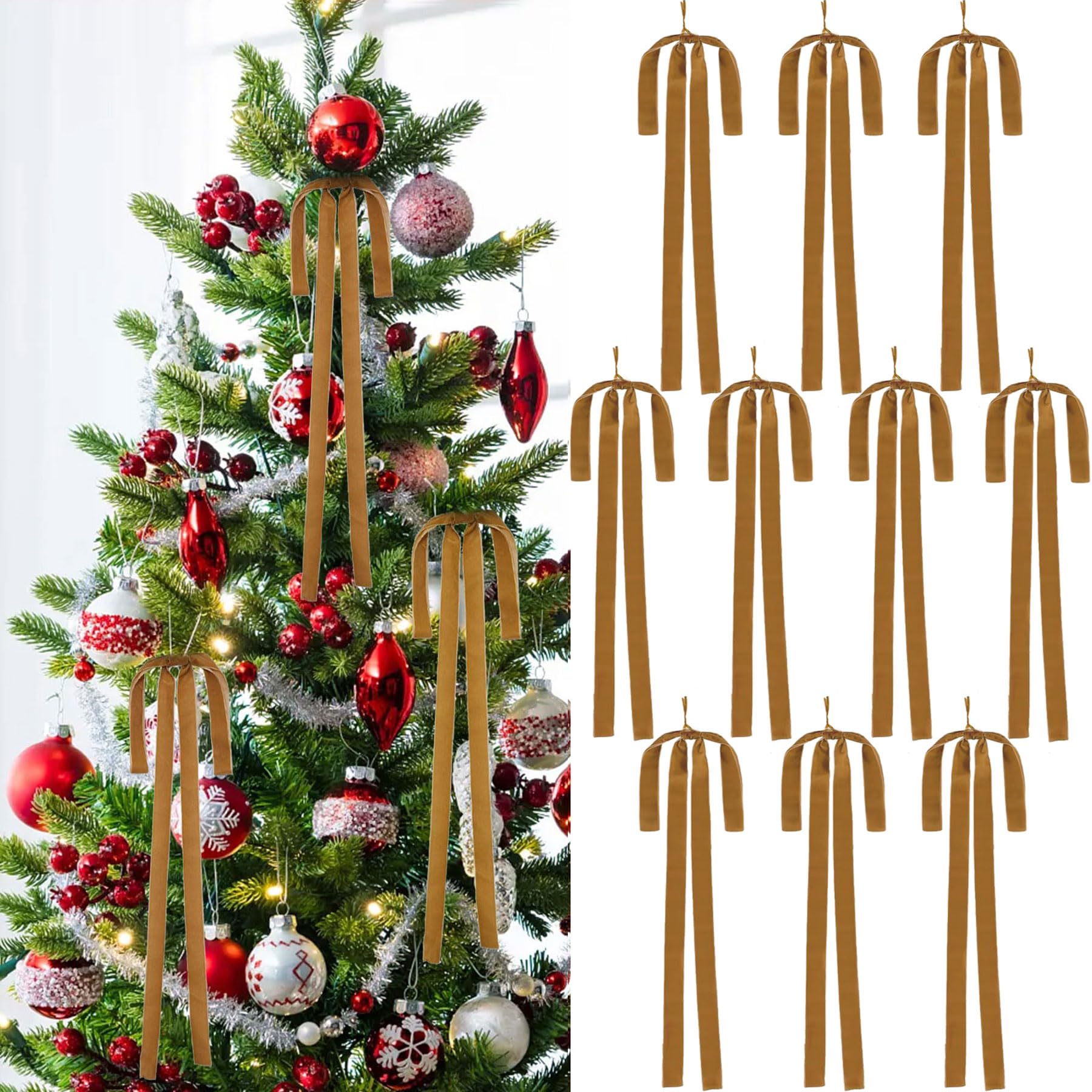 Photo 1 of 10PK Long Velvet Bows Ornaments Brown Christmas Tree Decorations, Large Ribbon Bow for Swag Staircase Wreath Garland Fireplace, Great Holiday Decor, 23.5x15.7 Inch