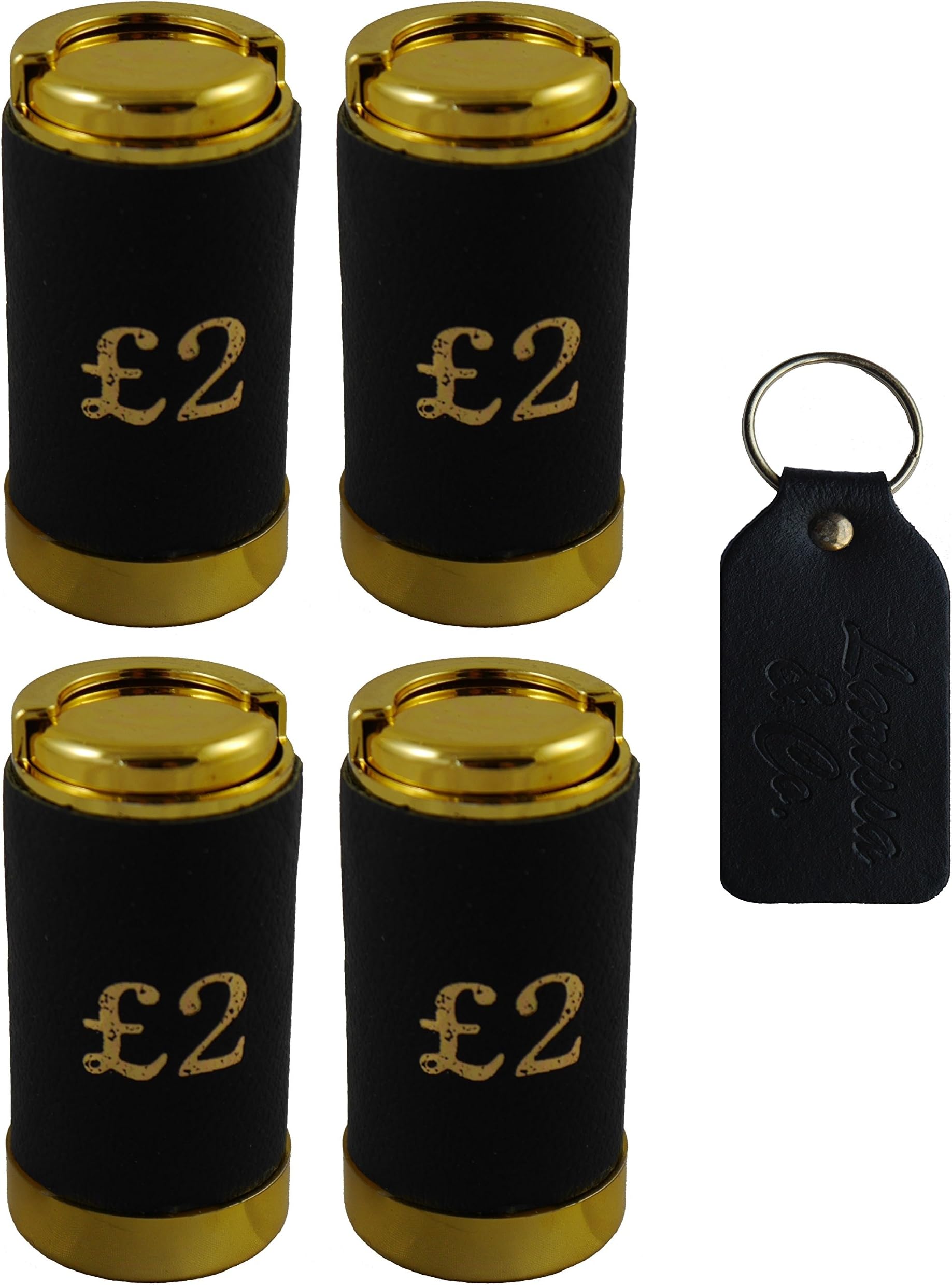 4 x Two Pound £2 Coin Holder Gadget Holds Up to 15 Coins Gold & Black Leather and an Exclusive Larissa & Co Leather Keyring Made in England