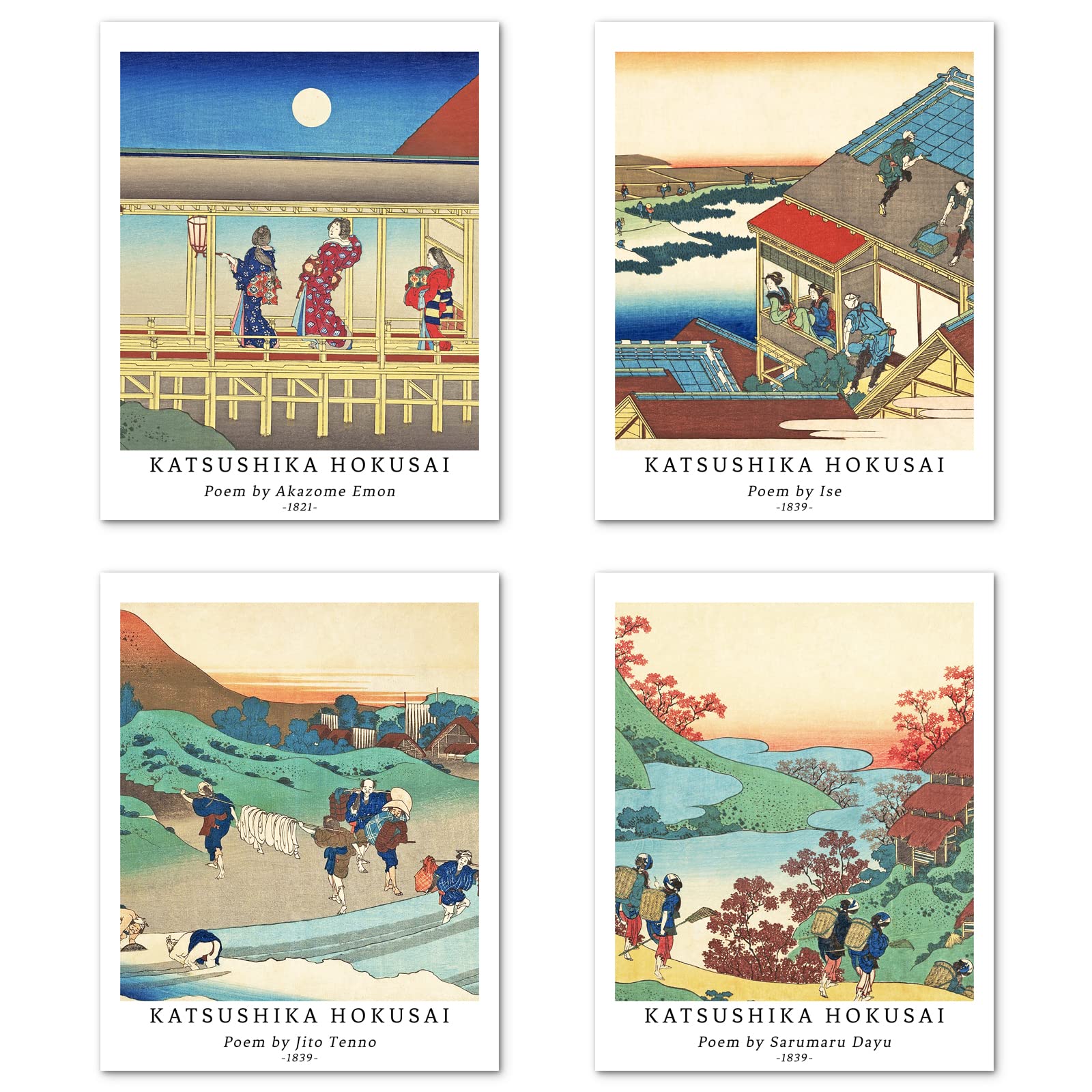 Wall Art Unframed Prints Giclee Art Paper Set of 4, 11x14 inch Japanese Ukiyo-e Artwork, Livingroom Decoration Aesthetic Rustic Colorful Landscape Housewarming Present Katsushika Hokusai Poster