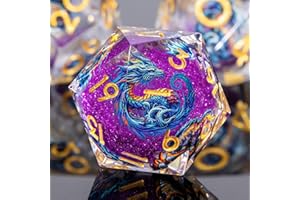 Roycevon Dragon Pattern Liquid Core DND Dice Set, 7Pcs Sharp Edge Dice with Gift Box, Purple Resin Dungeons Dragons D and D Role Playing Dice D20 D12 D10 D8 D6 D4
