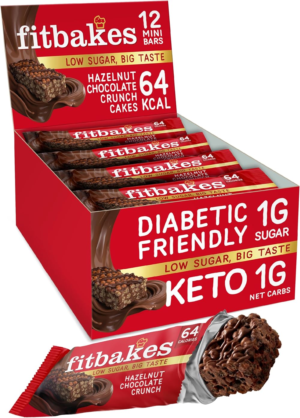 fit bakes Mini Hazelnut Chocolate Bars 64 Calories 12x19g Low Sugar