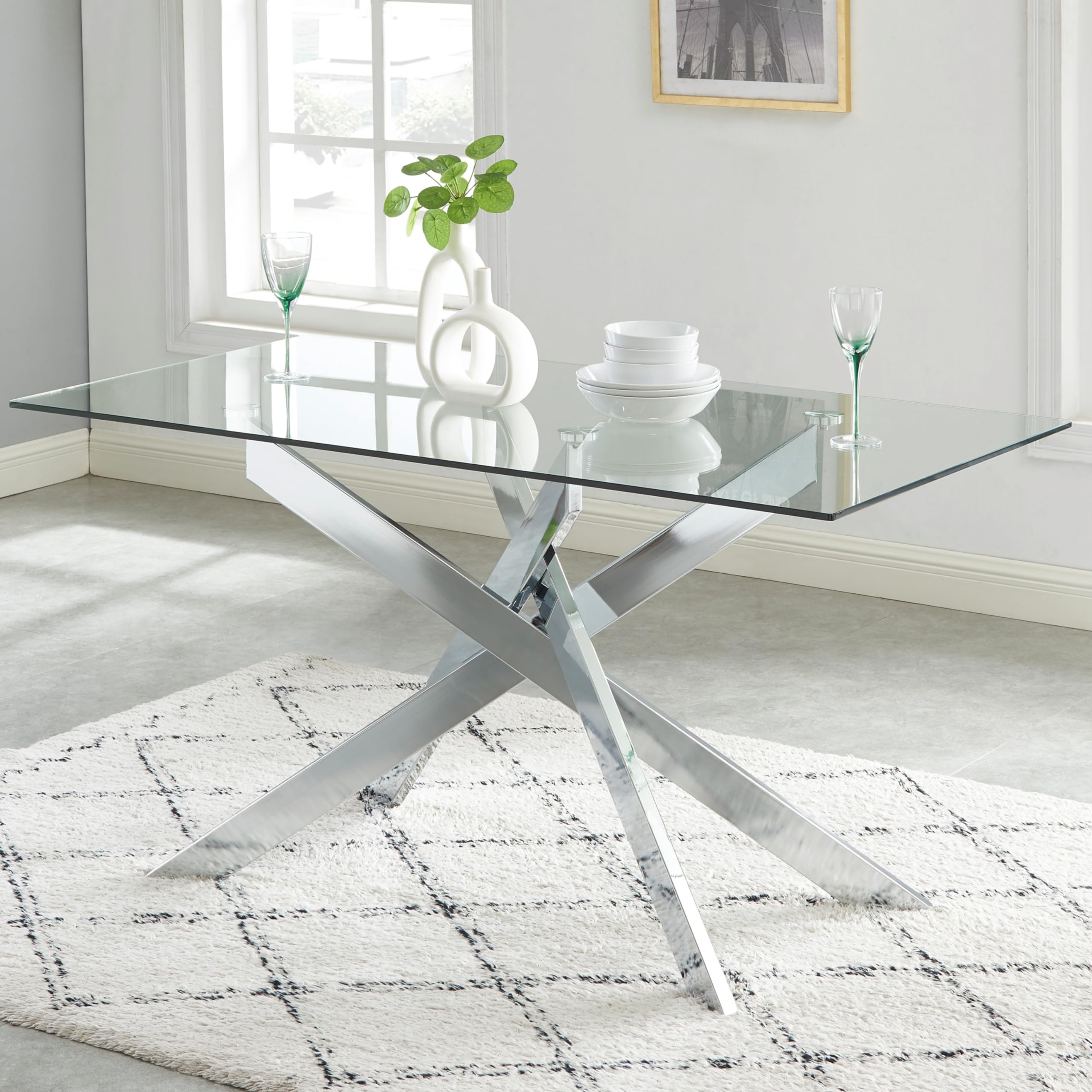 Photo 1 of Edwin's Choice 58.5” Rectangle Glass Dining Table, Tempered Glass Tabletop and Metal Tubular Legs, Modern Style Table for Home, Kitchen, Dining Room 58.5”Lx29”Wx30”H, Silver