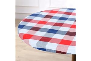 Fitable 4th of July Round Tablecloth with Elastic, Blue and Red Checkered Fitted Table Cover with Flannel Backing Plaid Vinyl Table Cloth for Independence Day Party (Fit for 45"-56" Round Tables)
