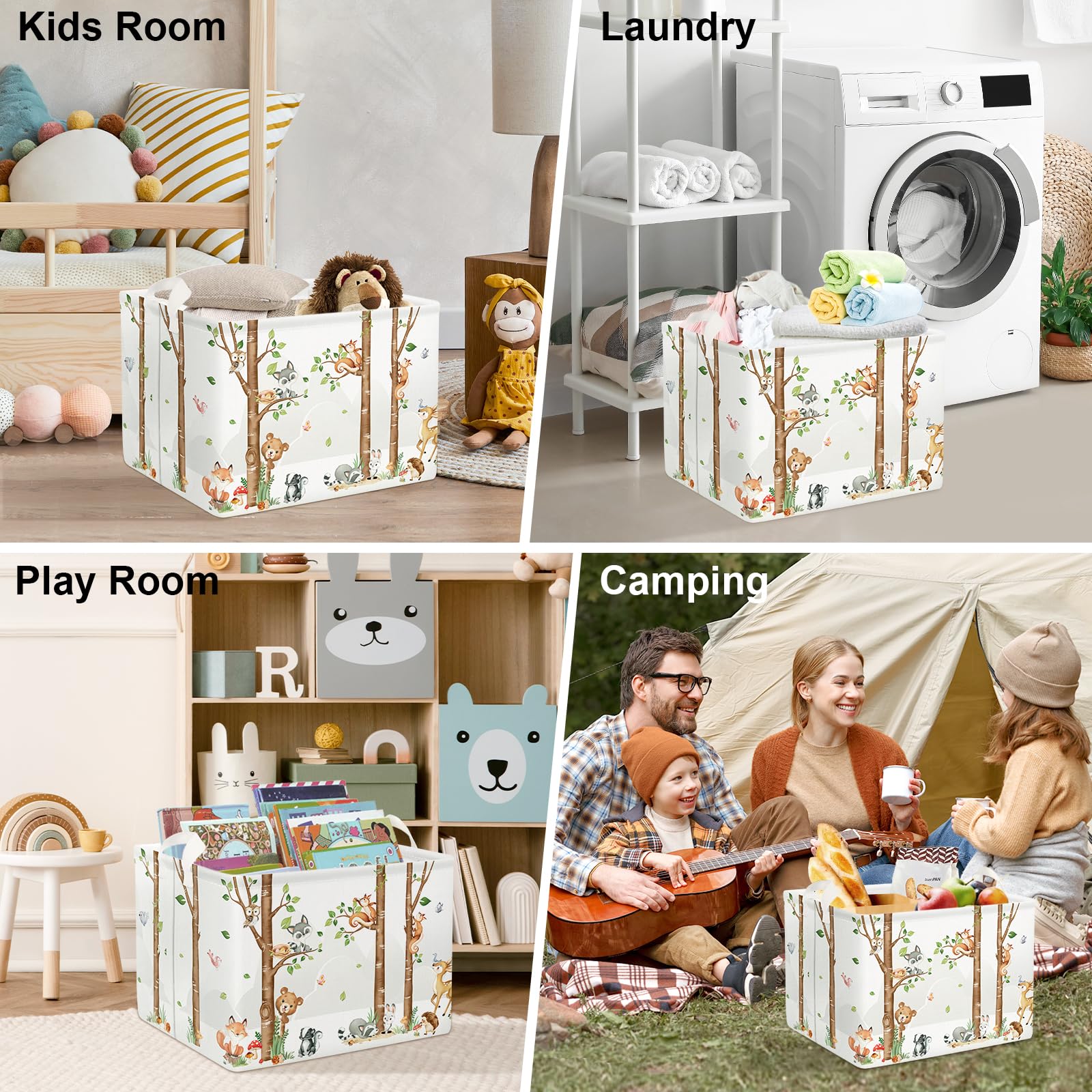 Clastyle Large Birch Tree Animal Storage Basket Collapsible Woodland Fox Bear Book Shelf Basket Rectangle Toy Clothes Cube Storage Basket for Kids Room